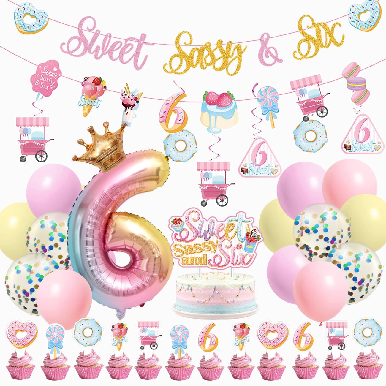 Sweet Sassy and Six Birthday Decorations for Girls - 6th Birthday With Donut Banner, Cake Topper, Foil Balloon for Ice Cream Party