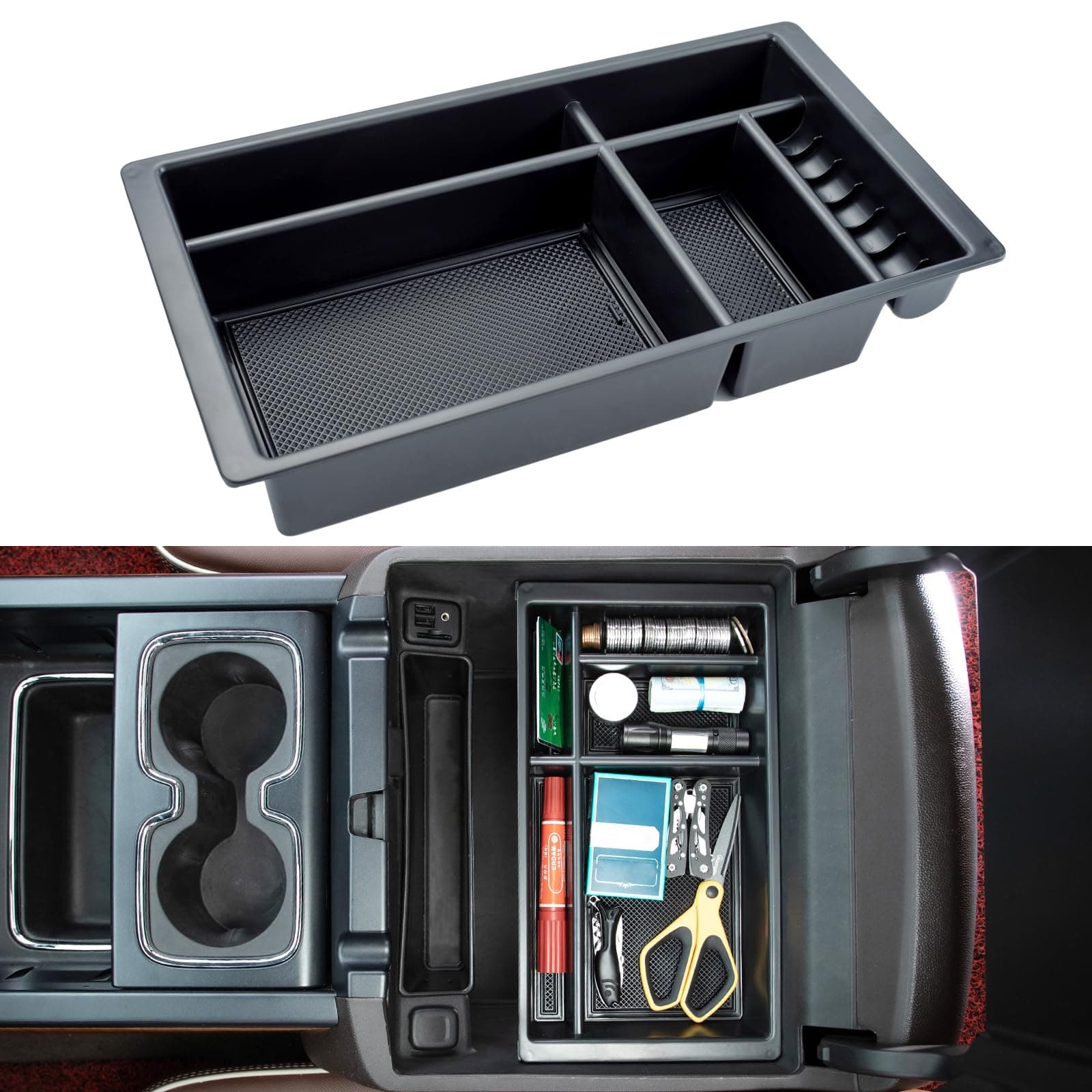 JKCOVER Compatible with (2014 2015 2016 2017 2018) Chevy Silverado/GMC Sierra, (2015-2020) Chevy Suburban/Tahoe/GMC Yukon Center Console Organizer Tray Accessories - Full Console w/Bucket Seats ONLY