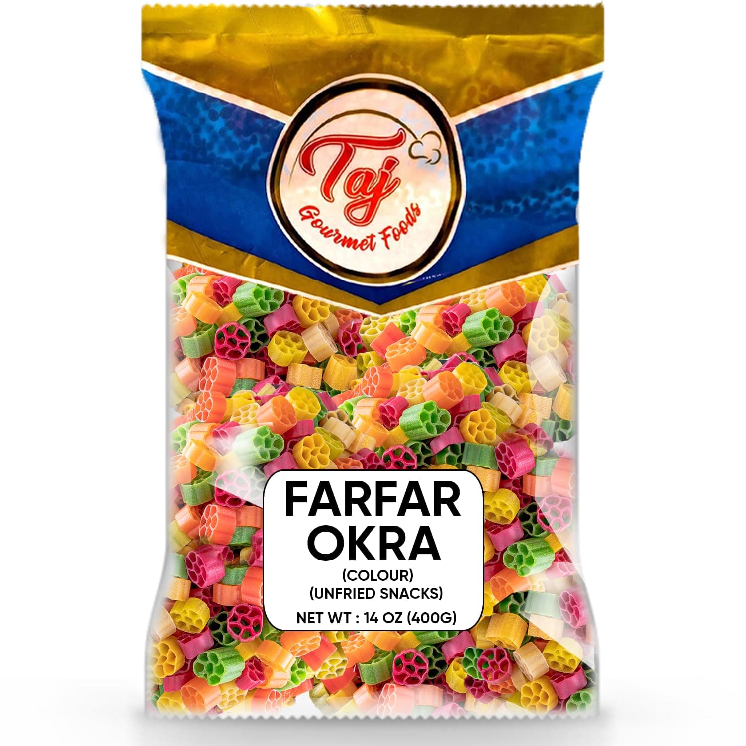 TAJ Gourmet Farfar Fryums (Wheat Pellet Tube), 400g (Okra)