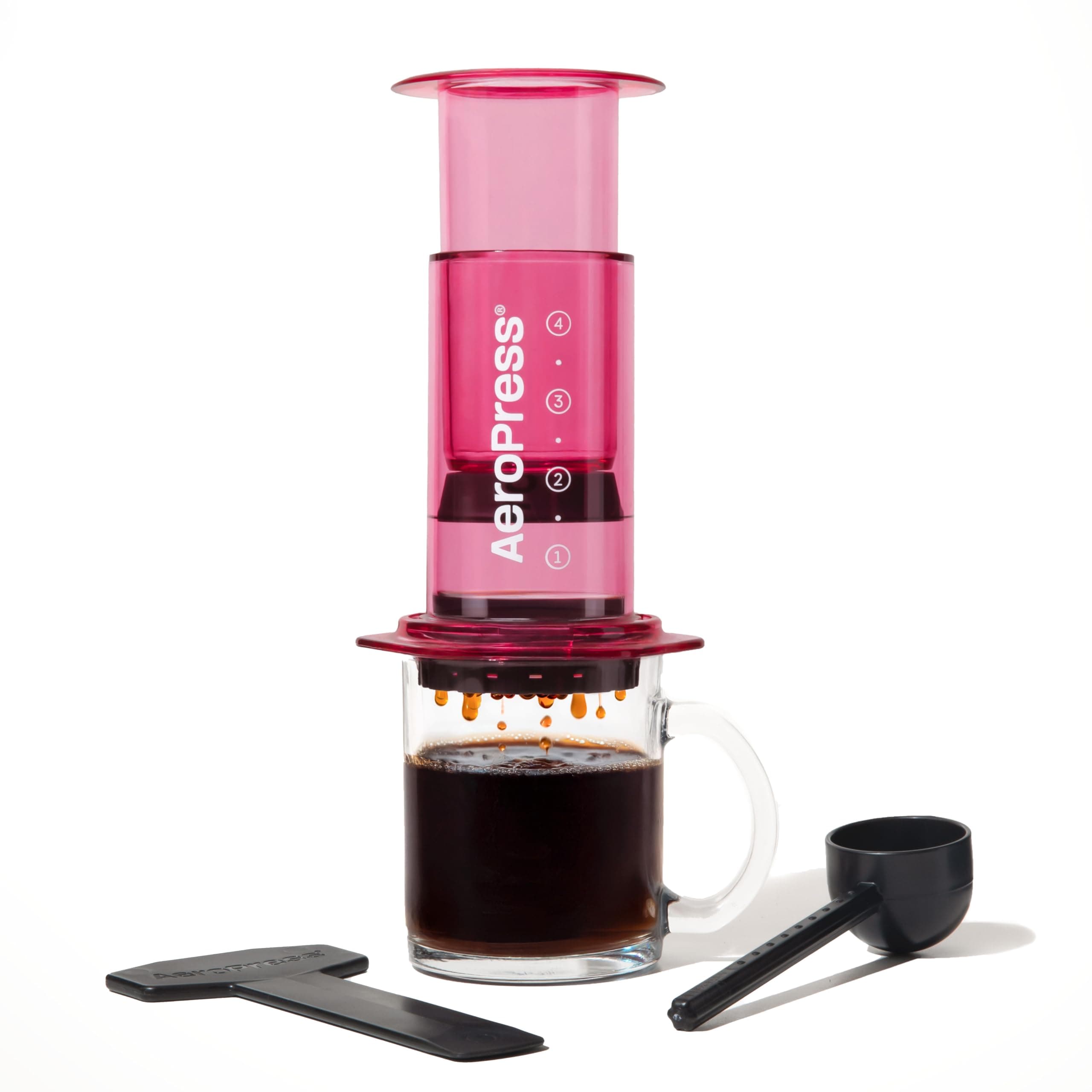 Clear Coffee Press – 3 In 1 Brew Method Combines French Press, Pourover, Espresso, Full Bodied Coffee Without Grit or Bitterness, Small Portable Coffee Maker for Camping & Travel, Pink