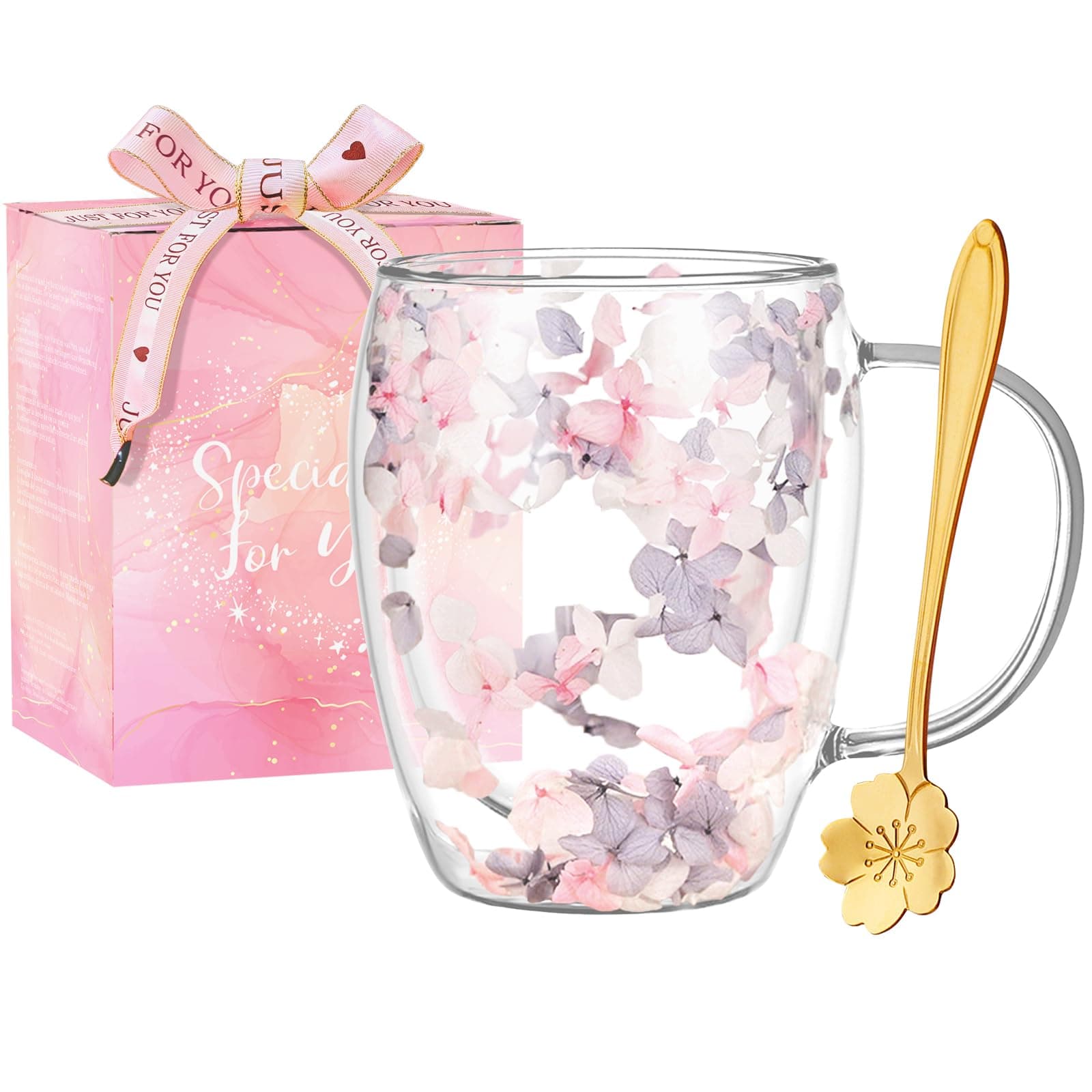 Arefen Gifts for Women Dried Flowers Double Wall Glass Coffee Mugs Cute Glass Tea Cups with Handles Christmas Birthday Gifts for Best Friend Teacher Mum Gifts Ideas Autumn Mug Home Decor(Grey+Pink)