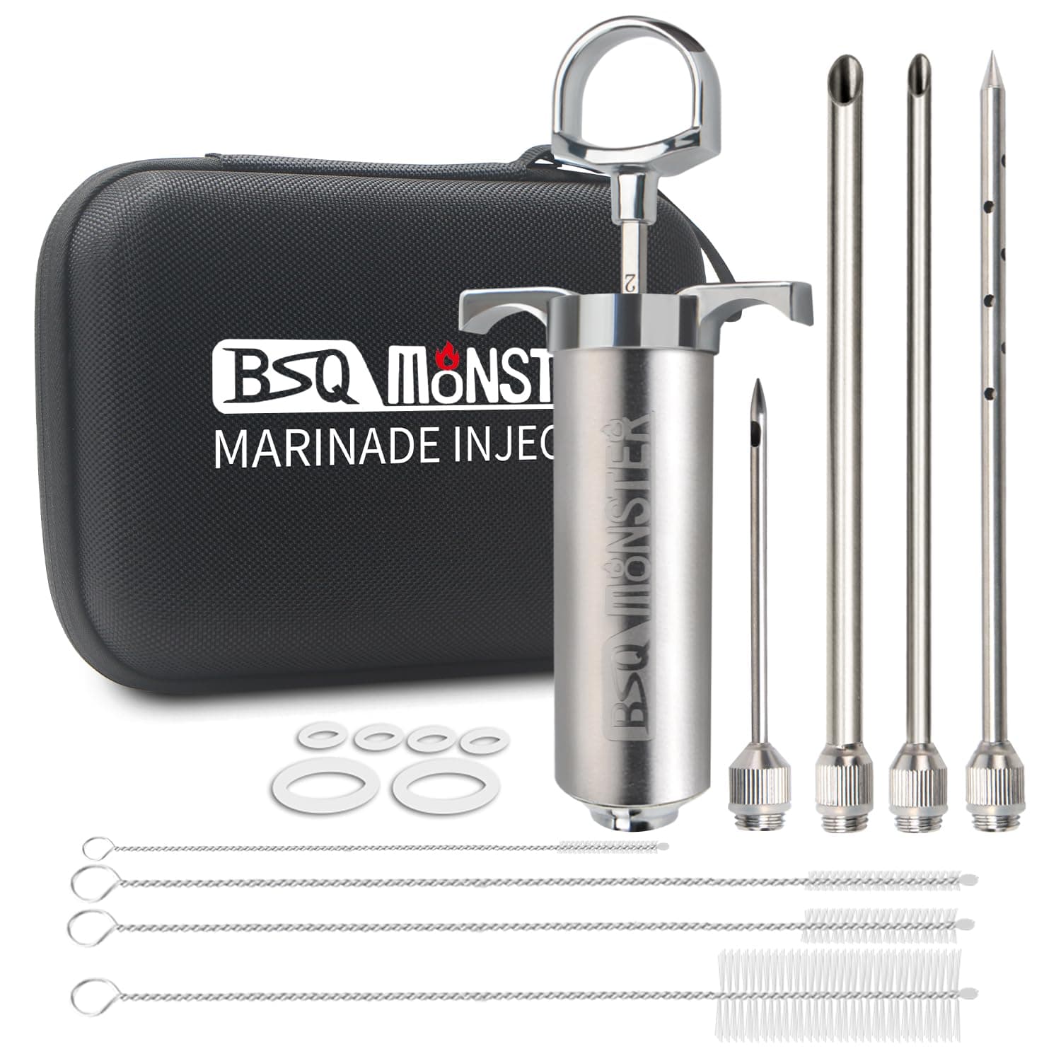 BSQ MONSTER Meat Injector Syringe Kit with 4 Professional Marinade Injector Needles and Travel Case for BBQ Grill Smoker, Turkey, Brisket; 2-oz Capacity; Paper User Manual and E-Book (PDF)