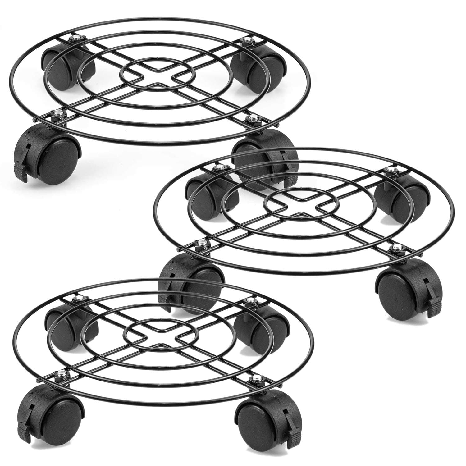 Tosnail 3 Pack Plant Caddy, 27 cm, Round Metal Plant Dolly Plant Stand Plant Holder Wheels, Black
