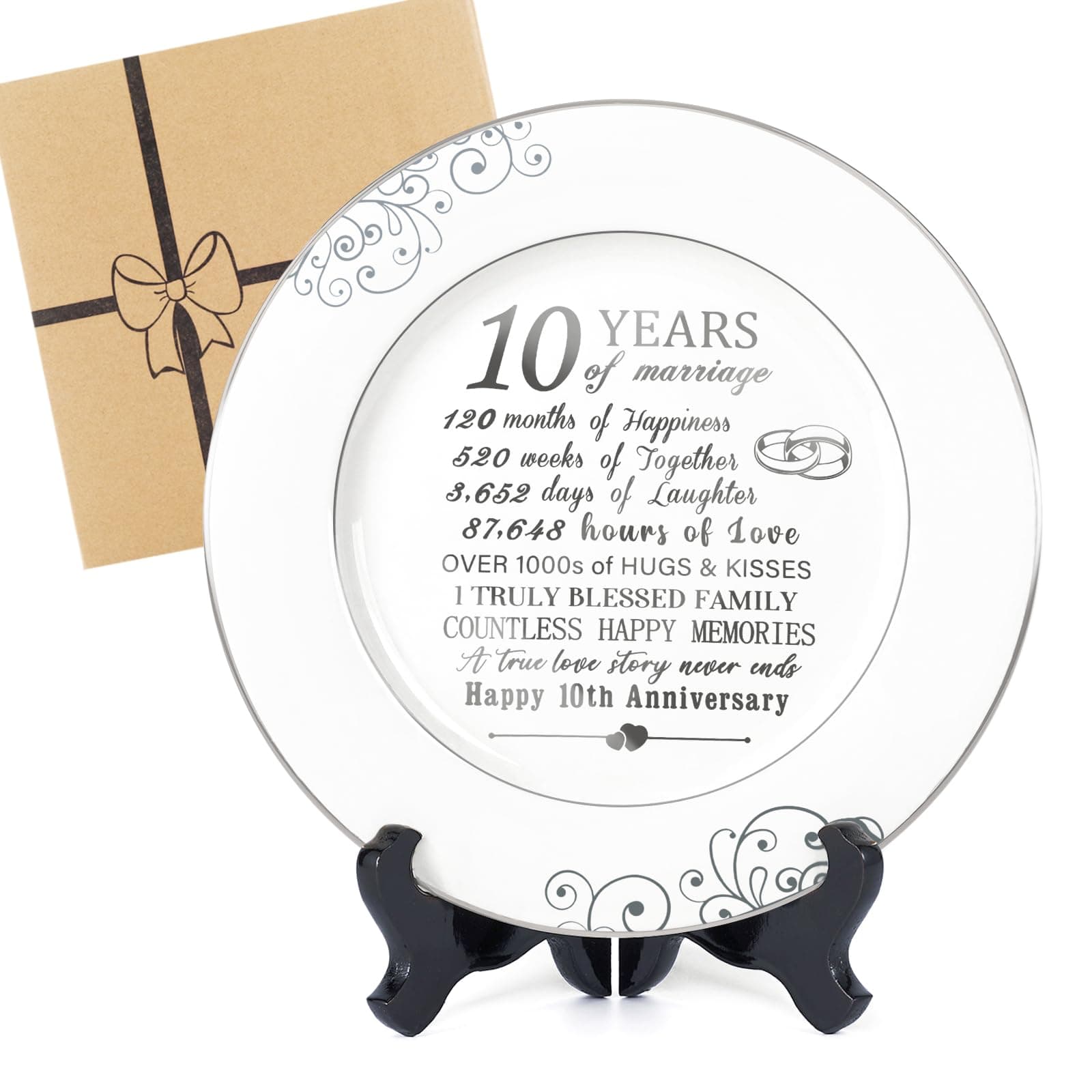 10th Anniversary Plate with Platinum Foil Decorations - 10 Year Wedding Tin Gifts for Her Couples Wife Him Husband, Ceramic 9"