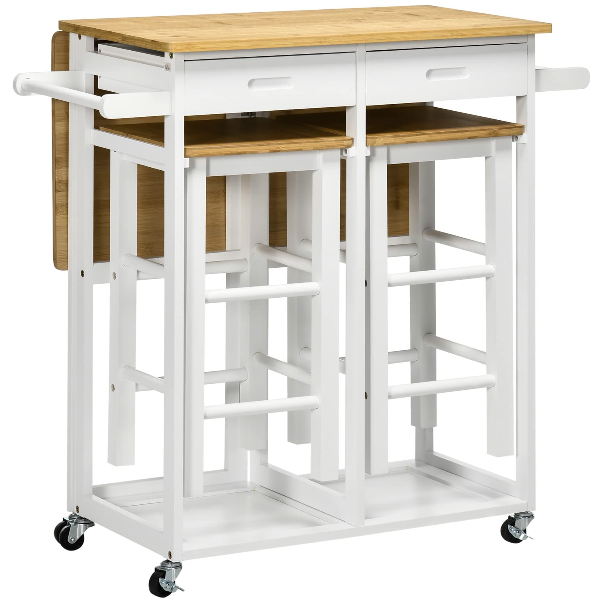 HOMCOM Kitchen Island Set with 2 Stools, Bamboo Breakfast Cart with Drop Leaf Top, Drawers and Towel Rack, Rolling Kitchen Cart and Chairs Set, White