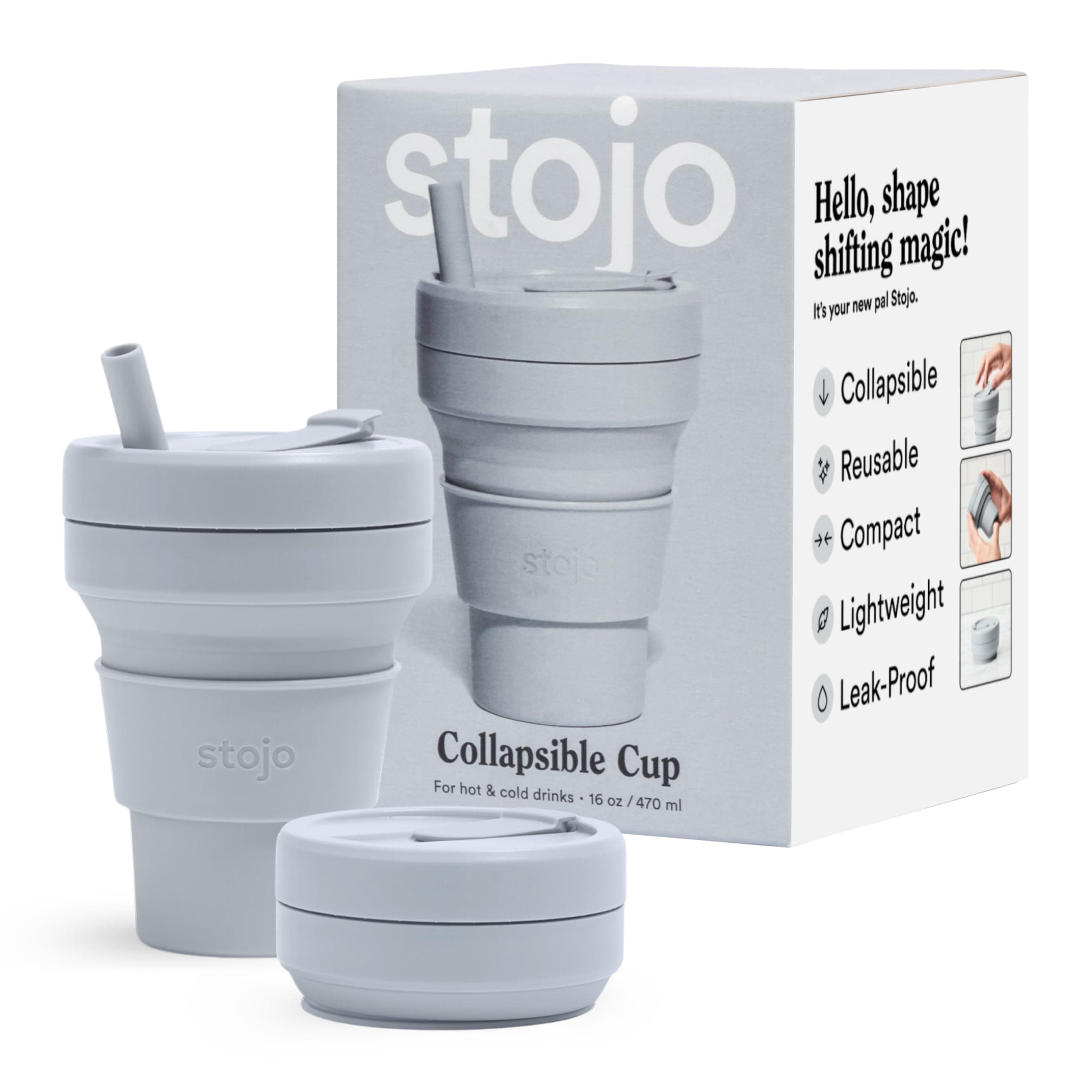 STOJO Collapsible Travel Cup with Straw - Cashmere Grey 16oz / 473ml - Reusable Portable Pocket Size Silicone Bottle for Hot & Cold Drinks - Perfect for Camping and Hiking - Microwave & Dishwasher
