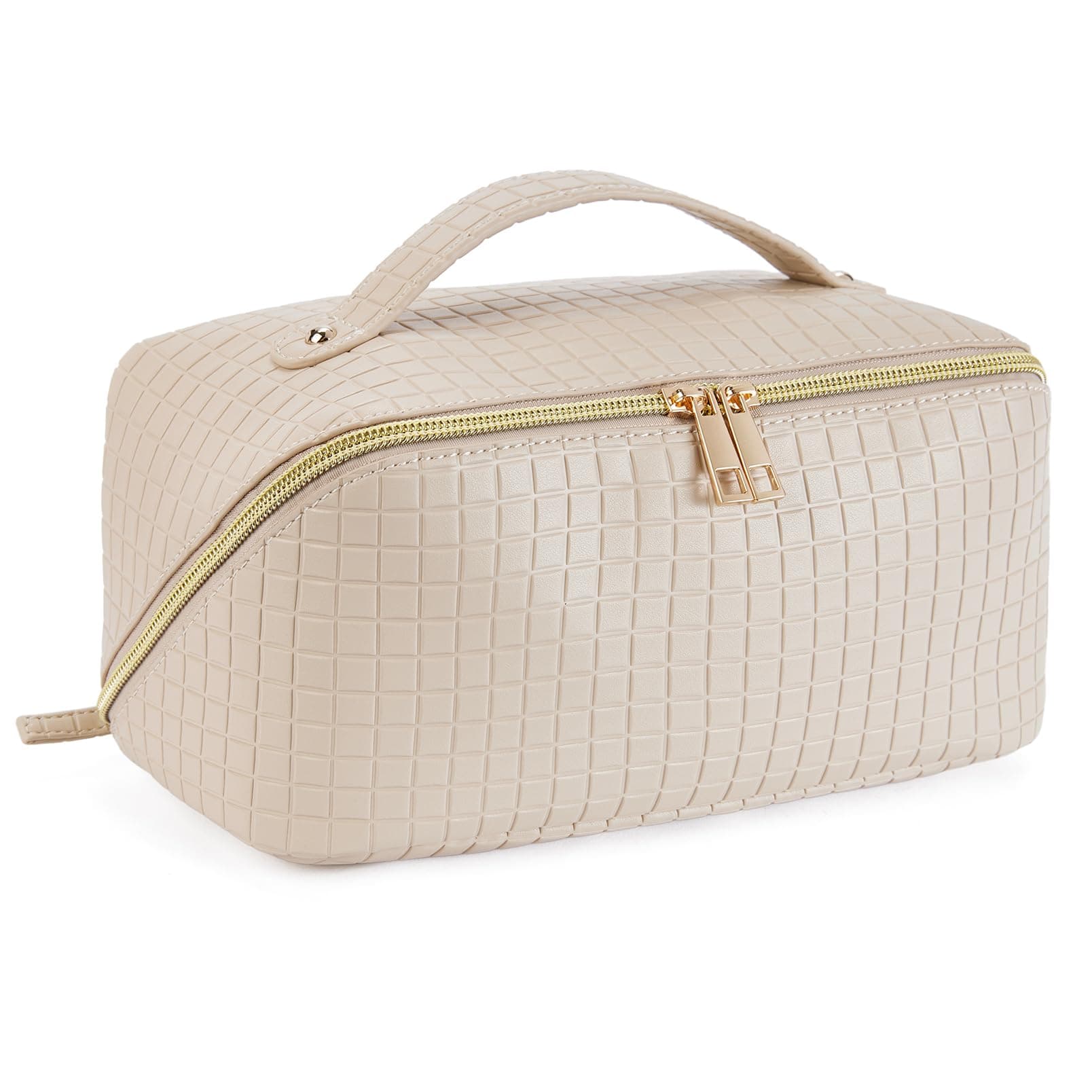 Telena Makeup Bag Large Capacity Travel Cosmetic Bag Portable PU Leather Water Resistant Makeup Organizer Bags for Women with Handle and Divider Open Flat