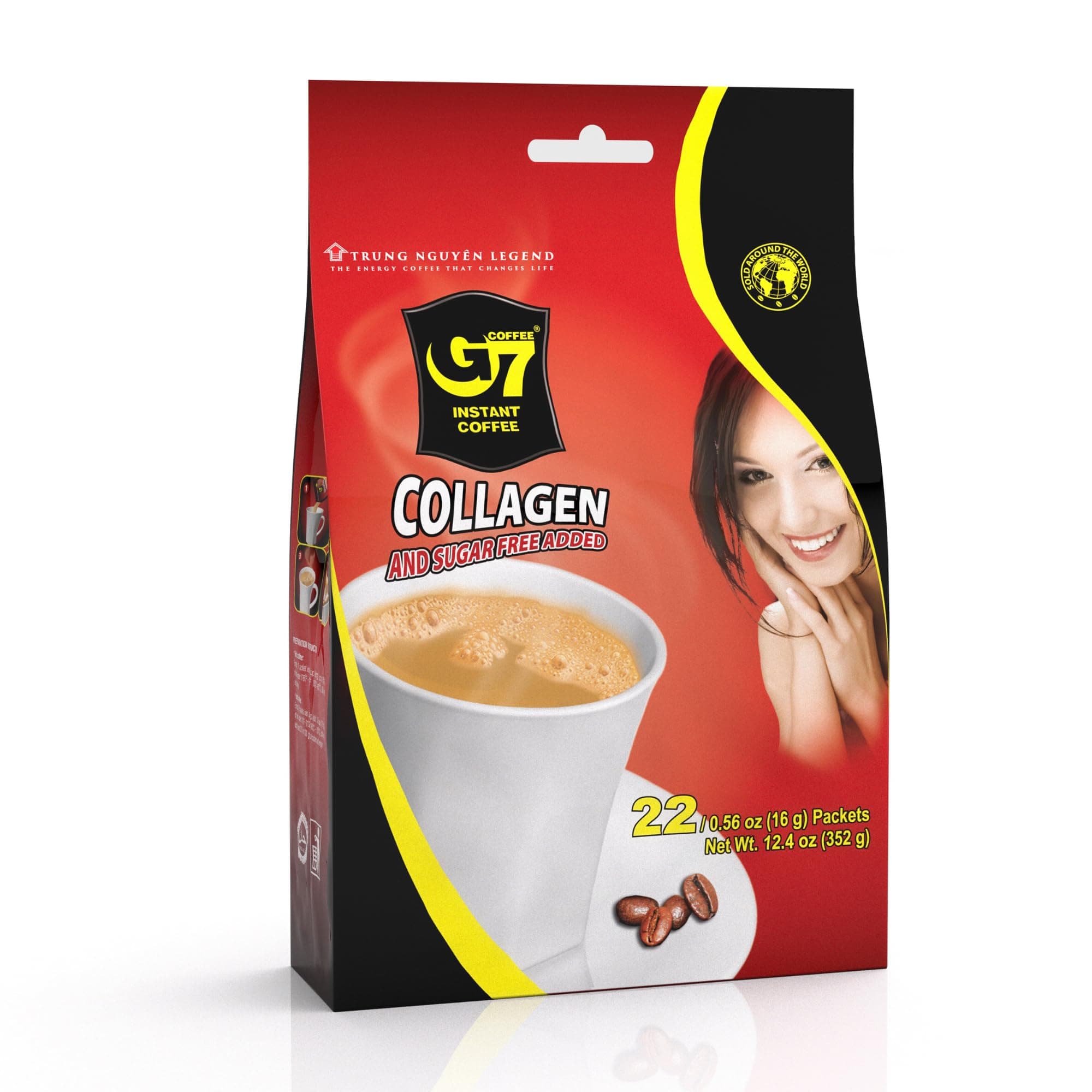 TRUNG NGUYEN G7 3-IN-1 COLLAGEN ADDED & SUGAR FREE Instant Coffee for Energy Boost - Collagen Added, Low Caffein & Diet Sugar - Strong and Pure Vietnamese Instant Coffee (22 Sachets/Bag)