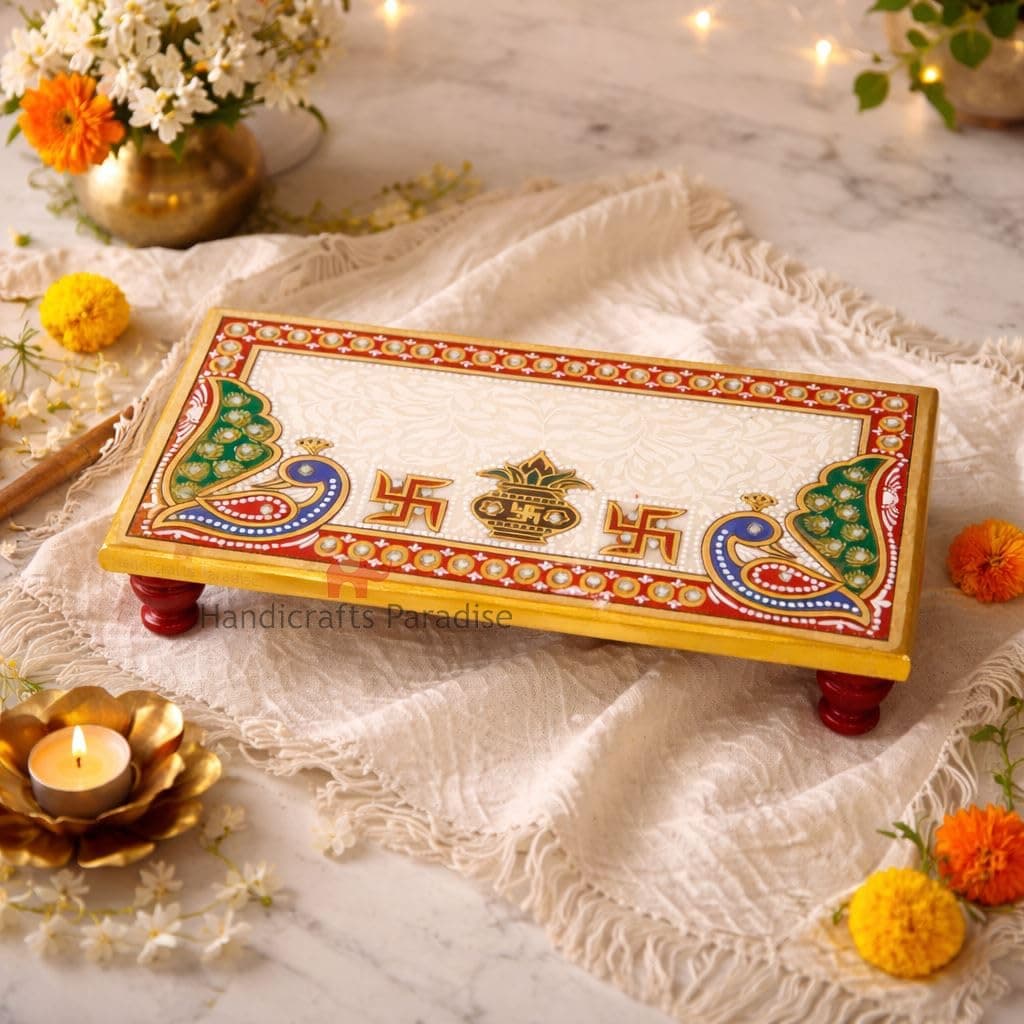Handicrafts Paradise (4 x 8 inch) Marble Pooja Chowki Peacock Motif for Mandir Bajot for God, Home Mandir, Idols Statues Pratima, Home Décor Showpiece