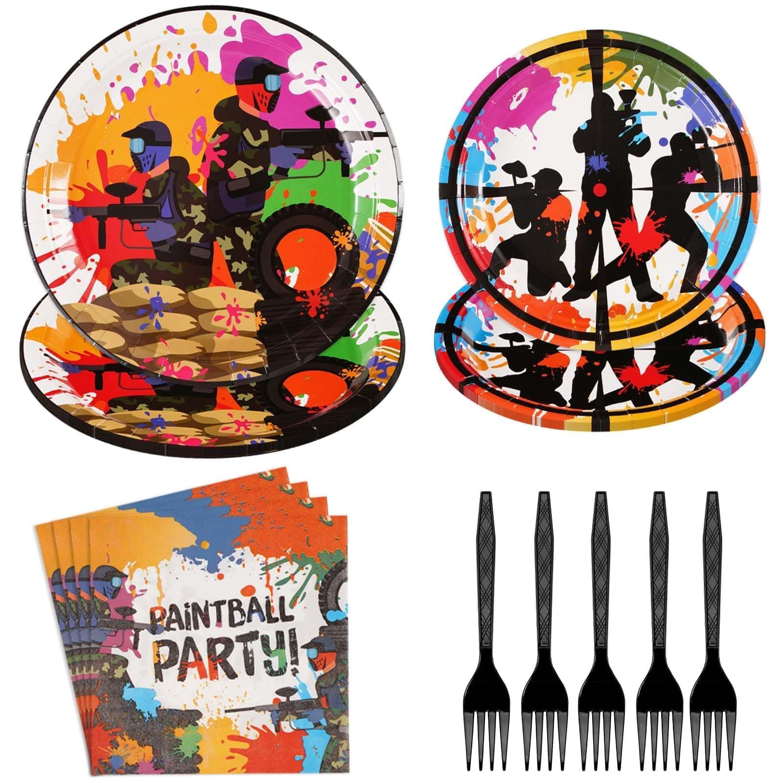 Grencian 96Pcs Paintball Party Supplies Paintball Neon Paper Plates and Napkins Paint Ball Gun Tableware Sets Shooting Splatter Bomb Buster for Kids Boys Holiday Birthday Party Supplies Serves 24