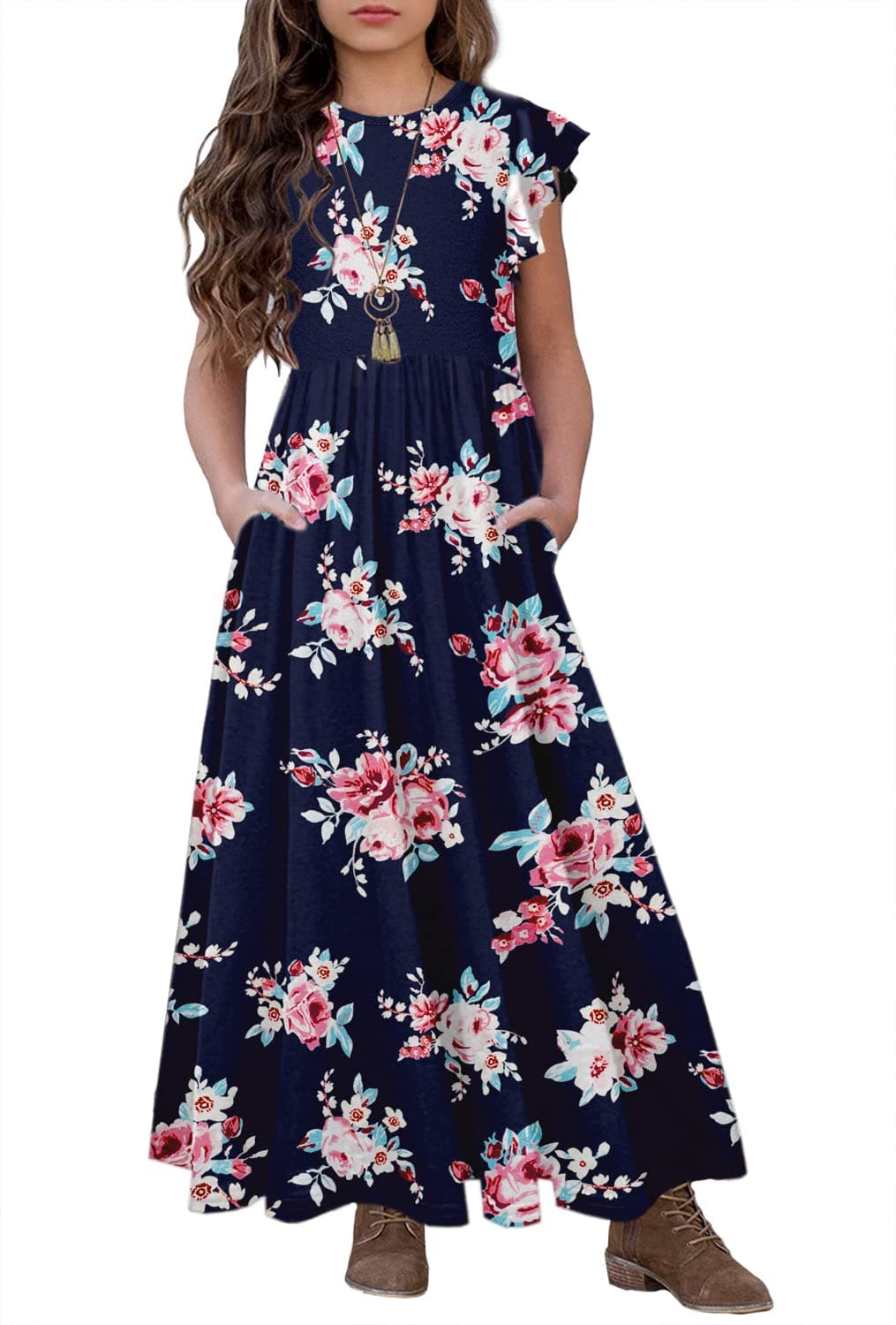 HOSIKAGirls Floral Maxi Dress Boho Ruffle Sleeve Pleated Casual A-line Swing Dresses with Pockets 6-12 Years