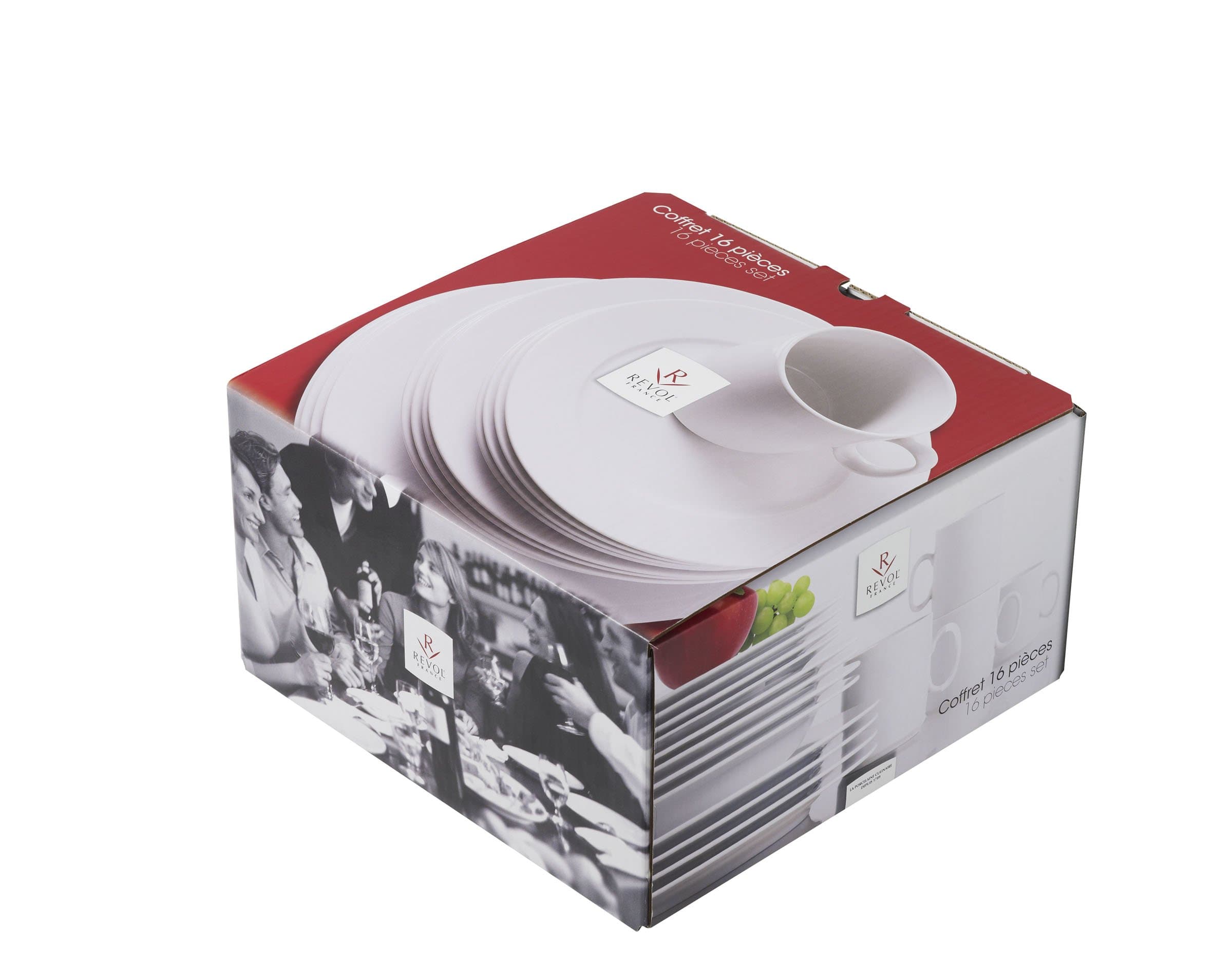 RevolFrench Classique - Set of 16 Pieces Dinnerware: Soup Plates, Dessert Plates, Dinner Plates and Mugs - White Porcelain