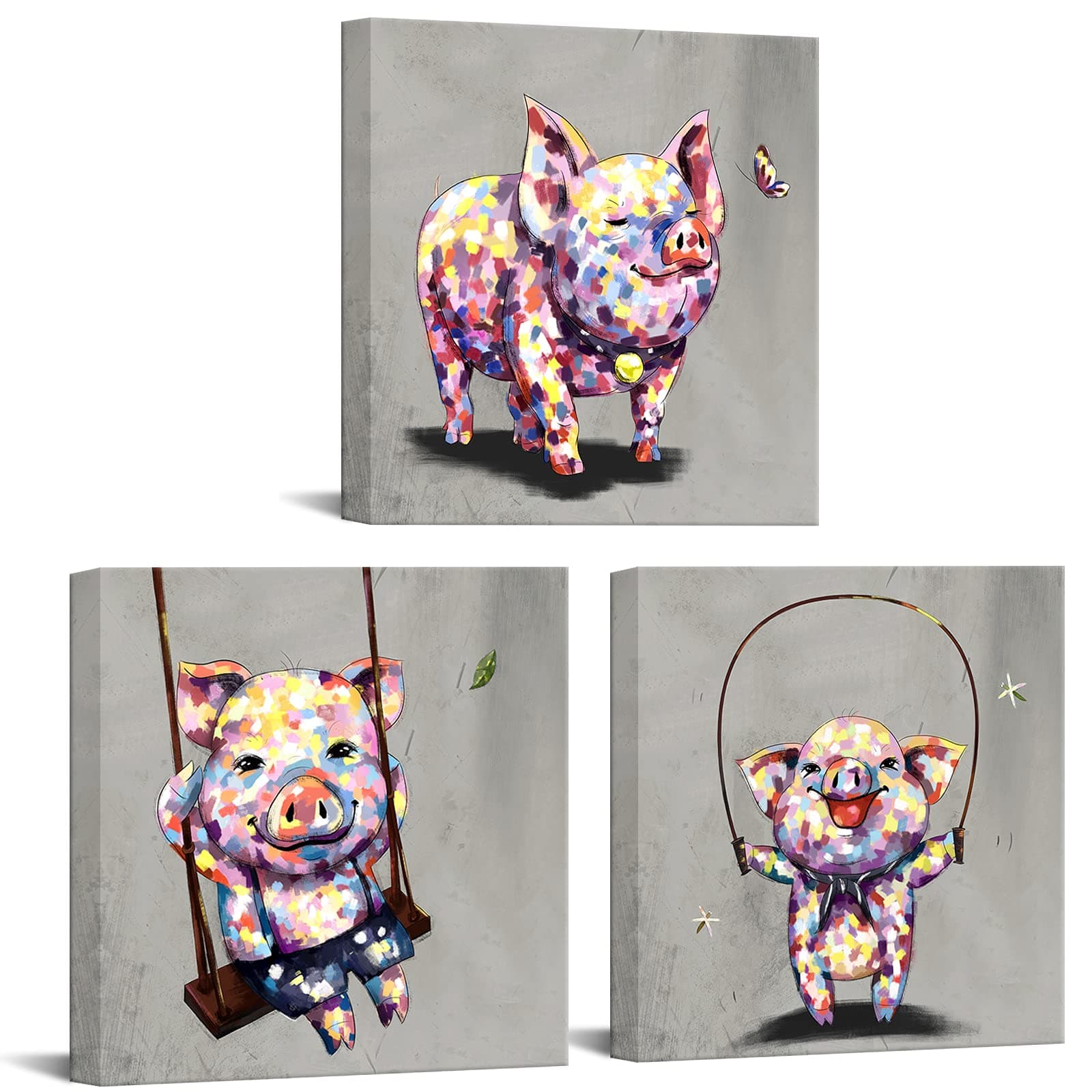 LevvArts3 Panel Wall Art Animal Painting Lovely Pig Having Fun Picture Prints on Canvas Modern Home Living Room Bedroom Decoration Stretched Ready to Hang