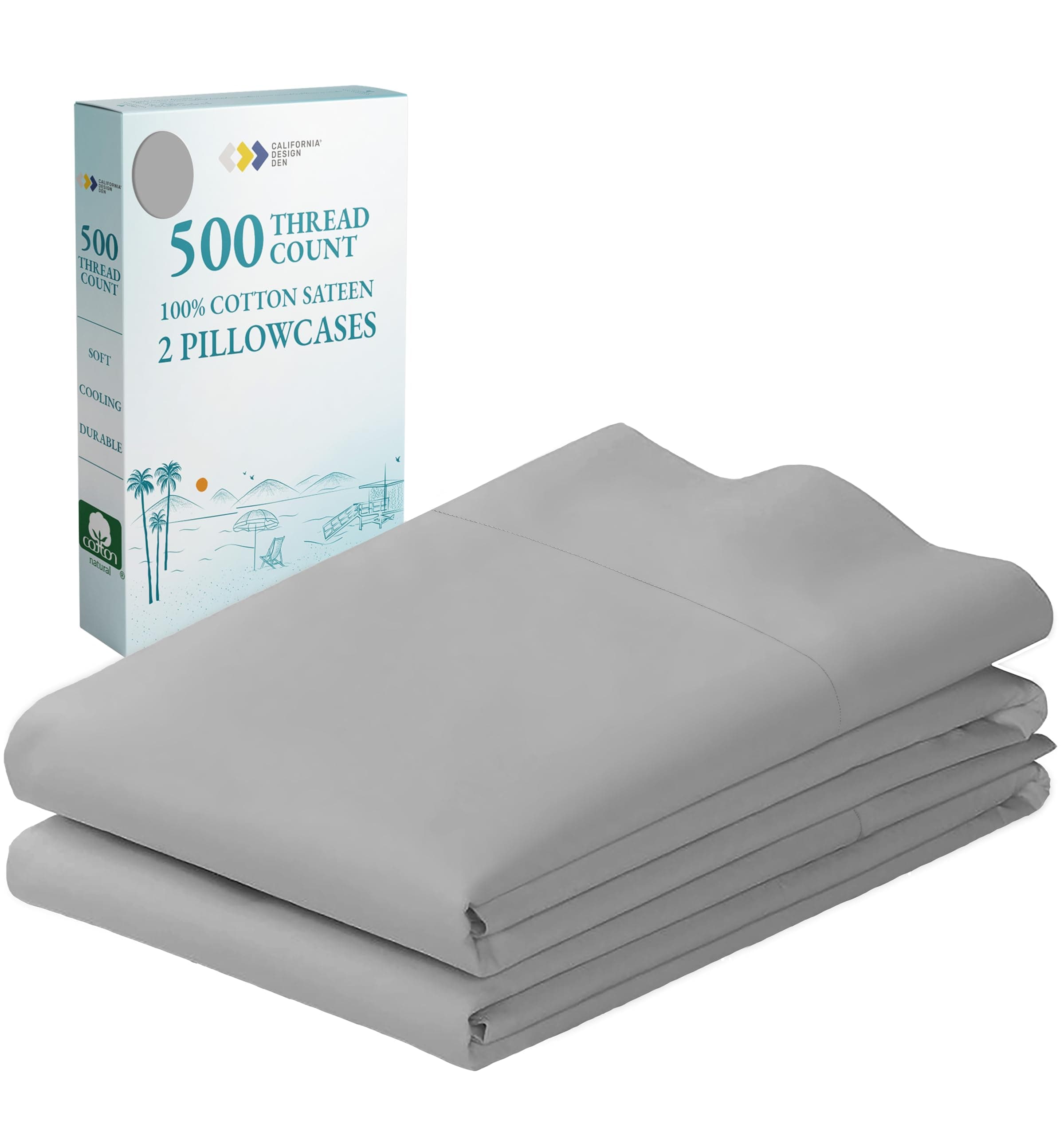 CALIFORNIA DESIGN DEN Soft & Silky 500 Thread Count 100% Cotton is Cool & Smooth, Set of 2 Standard Pillowcases Fits Standard & Queen Pillows (Light Gray)