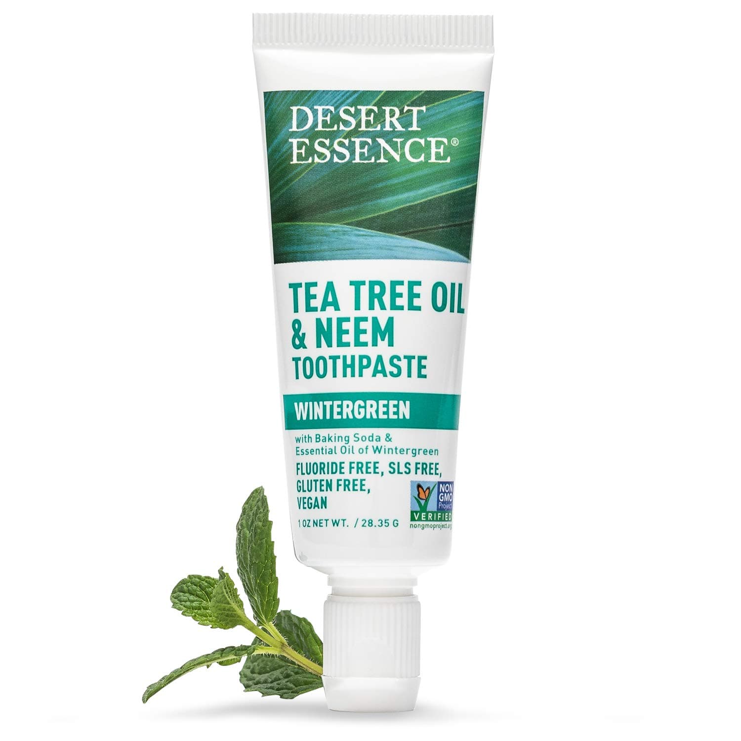 Desert Essence Tea Tree Oil & Neem Toothpaste Travel Size, Wintergreen Mint, 1 oz - Flouride Free, Gluten Free, Vegan, Non-GMO - Neem, Baking Soda, Tea Tree Oil - Healthy Teeth & Gums, Fresh Breath