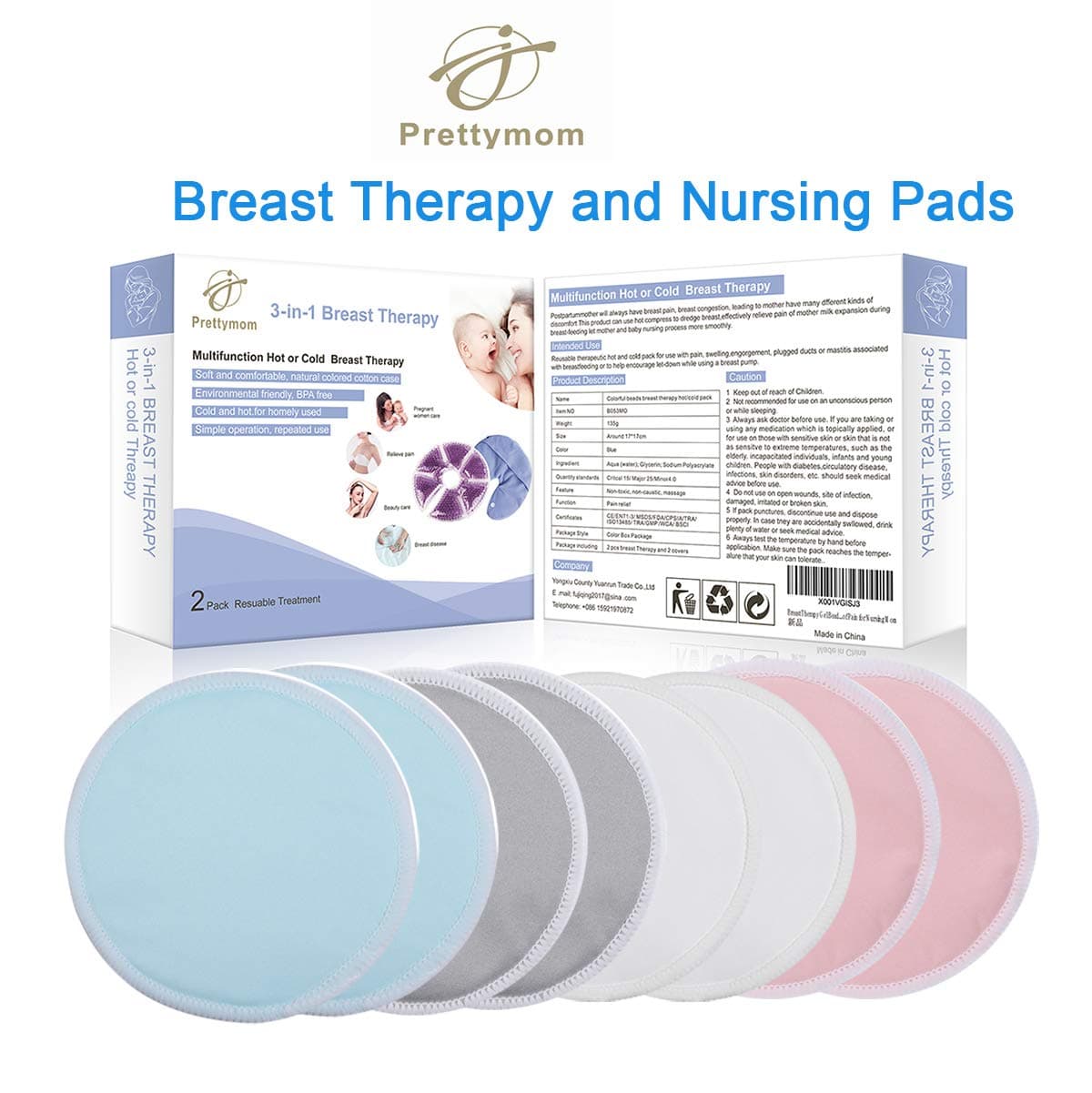 Breast Therapy Gel Bead Ice Packs and Reusable Bamboo Fiber Nursing Pads - Include 8 Pices Bamboo Nursing Pads and 2 Packs Reusable Hot / Cold Therapy Breastfeeding Gel Pads