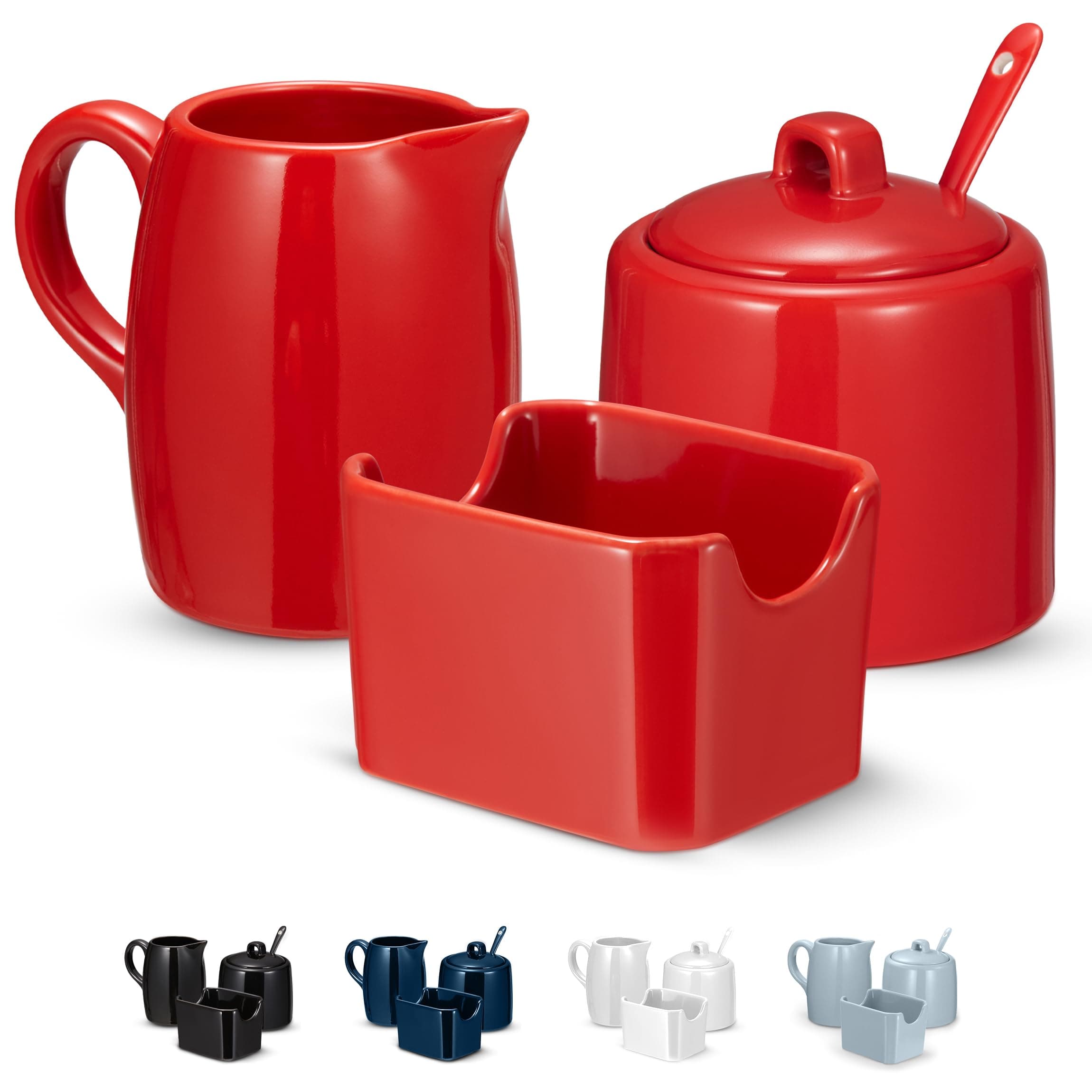 KooK Sugar and Creamer Set, 3 Piece, Pitcher, Sugar Bowl with Lid and Spoon, Sweetener Holder (Red)