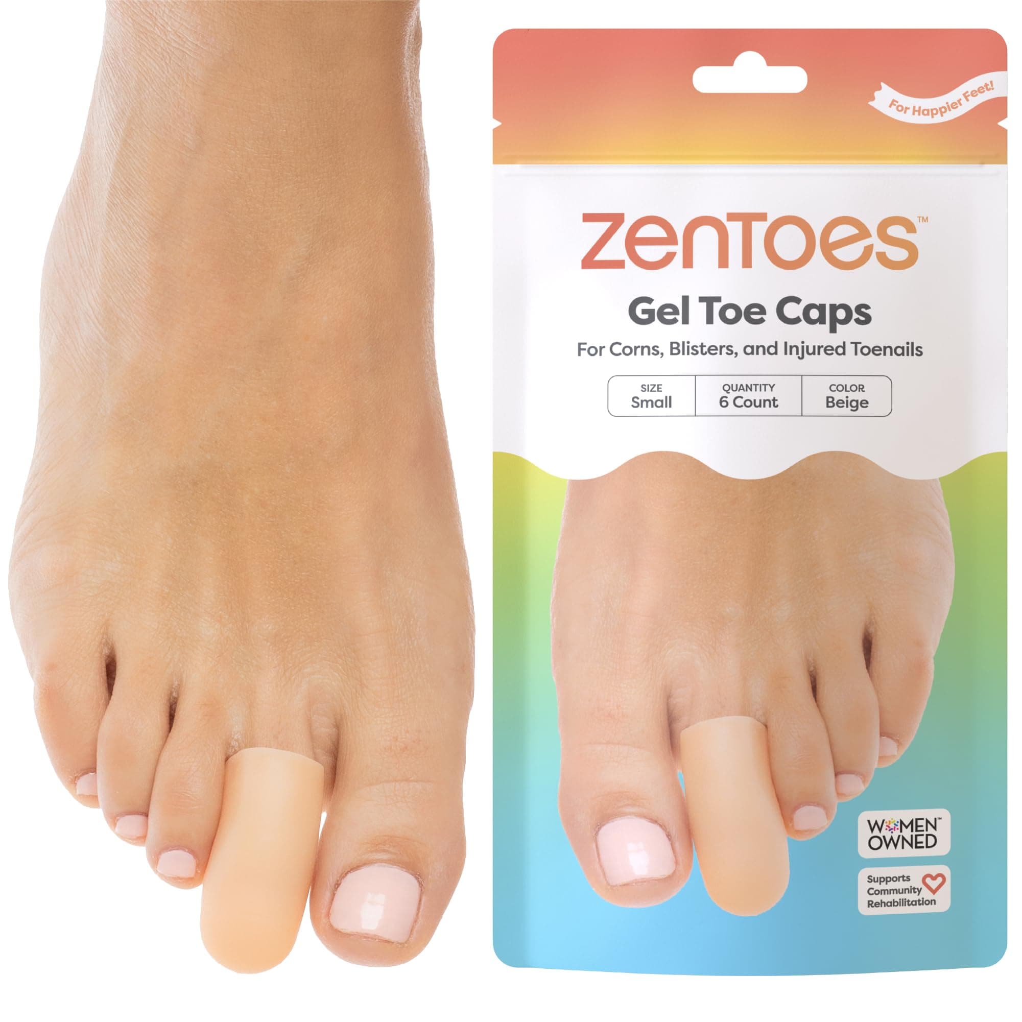 ZenToes 6 Pack Gel Toe Cap and Protector - Cushions to Protect The Toe and Provides Relief from Missing or ingrown toenails, blisters (Small, Beige)