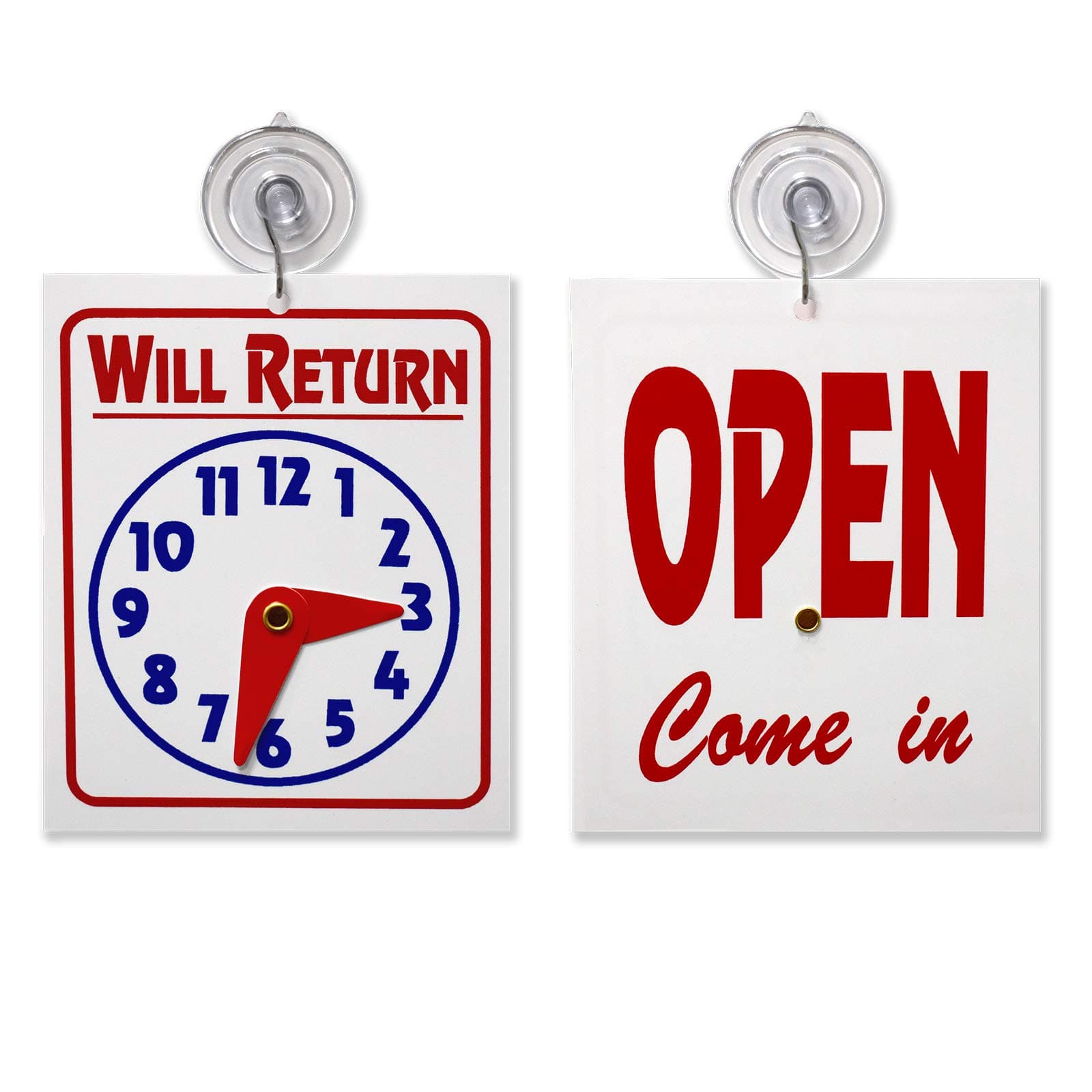 Double Sided "Will Return" Clock and "Open Come in" Sign with Adjustable Clock Hands & Suction Cup, 1 Unit
