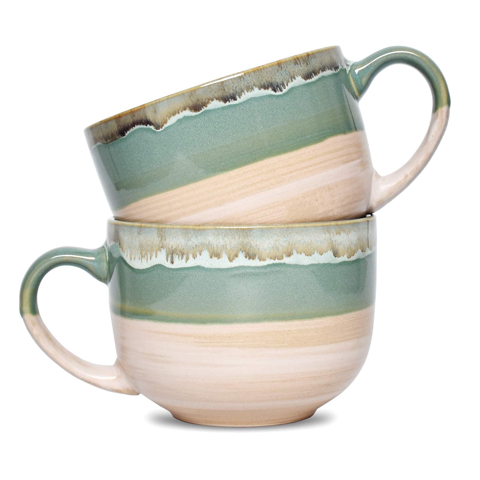 Large Ceramic Coffee Mug Set of 2, Stoneware Jumbo Latte Mugs for Office and Home, 16 Oz, Dishwasher and Microwave Safe(Green, 2)