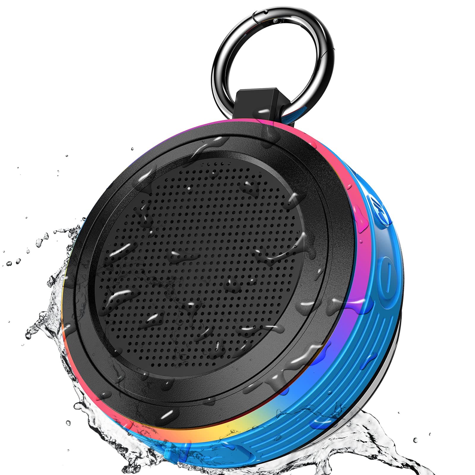Bluetooth Shower Speaker, IP7 Waterproof Portable Speaker with LED Light, Suction Cup, Hook, Stereo Sound, True Wireless Stereo Mini Speaker with Built-in Mic, FM Radio, for Bathroom, Pool, Outdoors