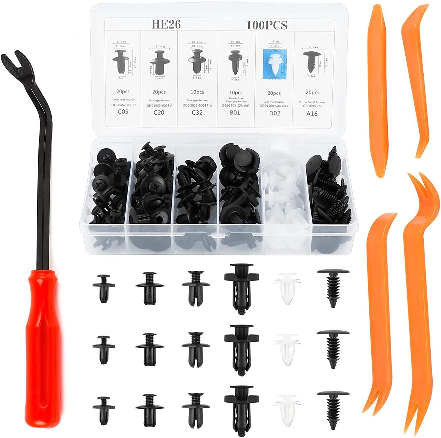 100 Pieces Car Push Rivets with Fastener Remover, 6 Sizes Car Body Retainers with 4 Pieces Auto Trim Removal Tool Plastic Car Retainer Clips Kit for Bumper Door Trim Panel