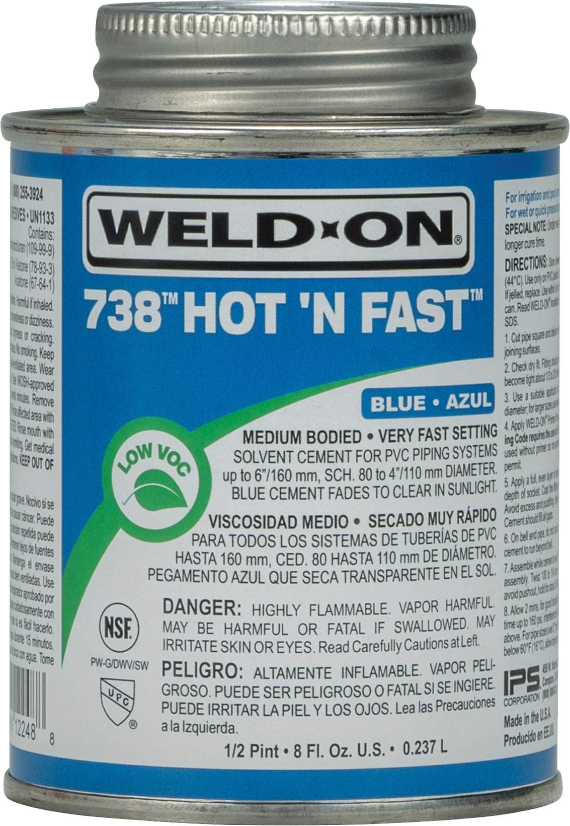 Weld-On 12248 738 Hot 'N Fast PVC Medium-Bodied High-Strength Solvent Cement - Very Fast-Setting and Low-VOC, Blue to Clear, 1/2 Pint (8 fl oz)