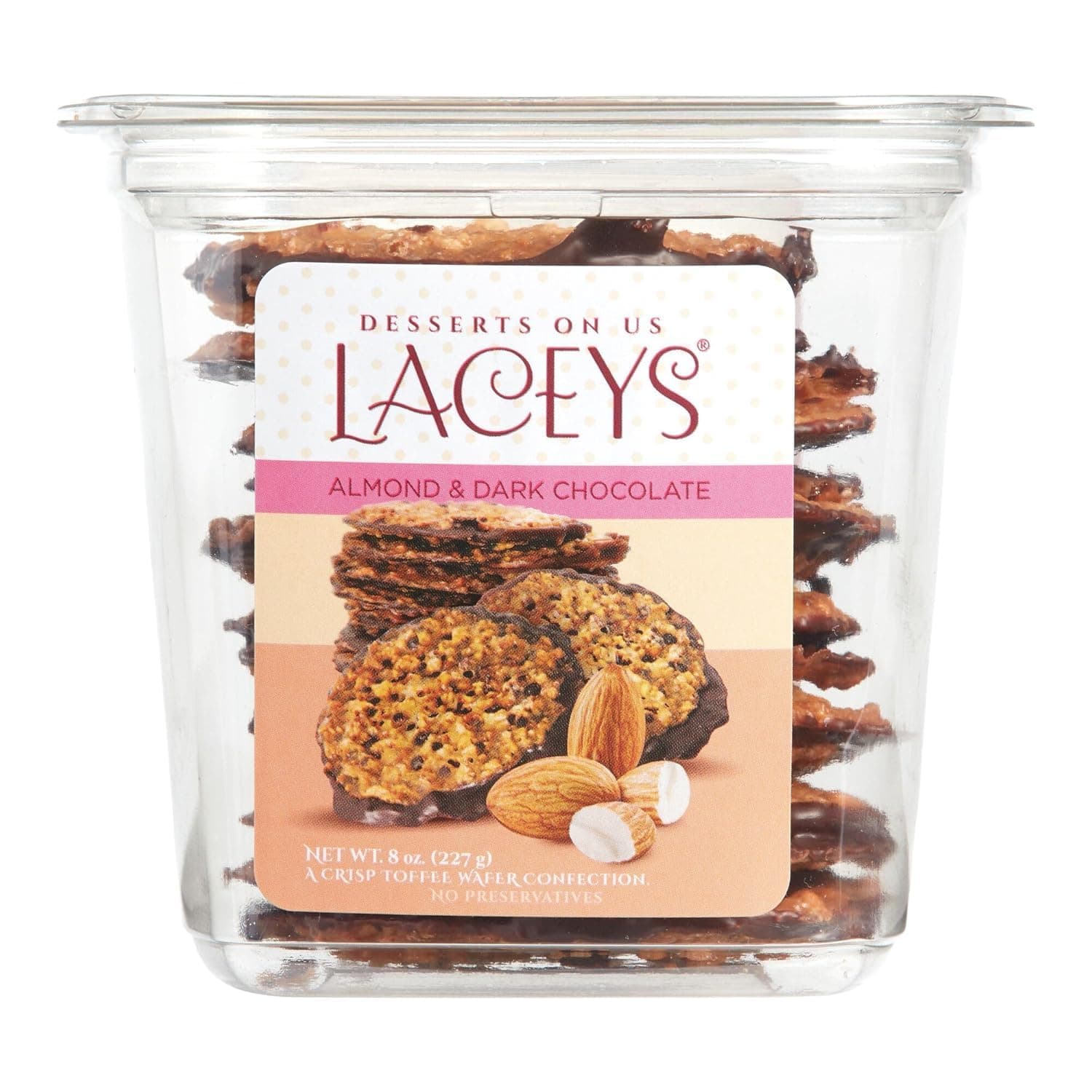 Laceys Gourmet Cookies | Light and Crispy Delicious Cookies | Handcrafted by Desserts On Us (8 Ounce Tub, Almond & Dark Chocolate)