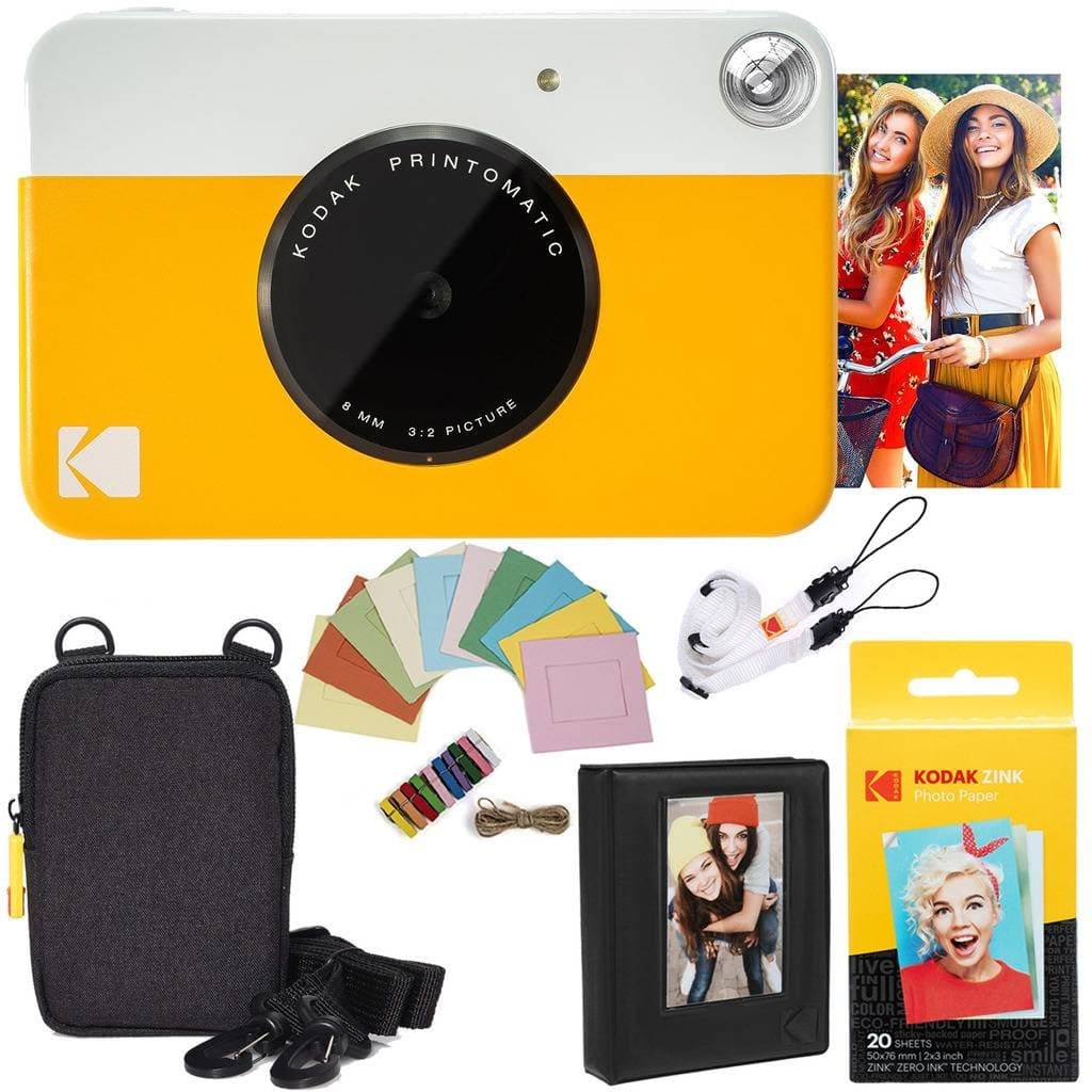 Kodak Printomatic Instant Camera Bundle (Yellow) Zink Paper (20 Sheets) - Case - Photo Album - Hanging Frames.