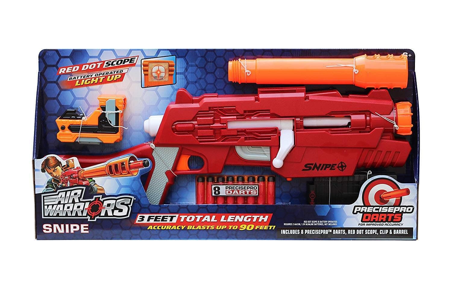 Buzz Bee Air Warriors Snipe Blaster Toy Gun for Kids with Lot of Accessories - Red Dot Scope, Barrel Extension, 8 Dart Clip and 8 Nerf Compatible Precise Pro Darts
