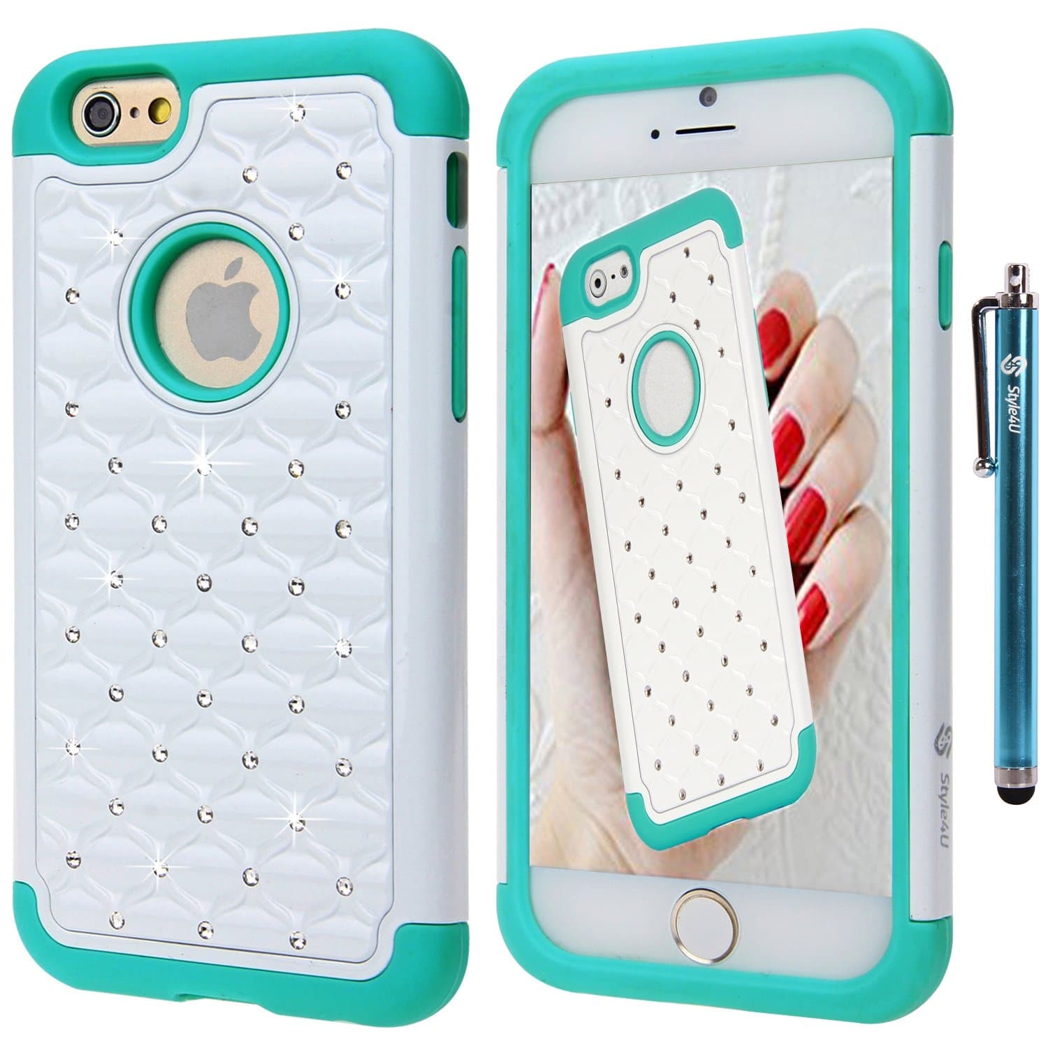 iPhone 6S Case, iPhone 6 Case, iPhone 6S / 6 Studded Rhinestone Crystal Bling Hybrid Armor Case Cover for Apple iPhone 6S / iPhone 6 with 1 HD Screen Protector and 1 Stylus [White/Teal]