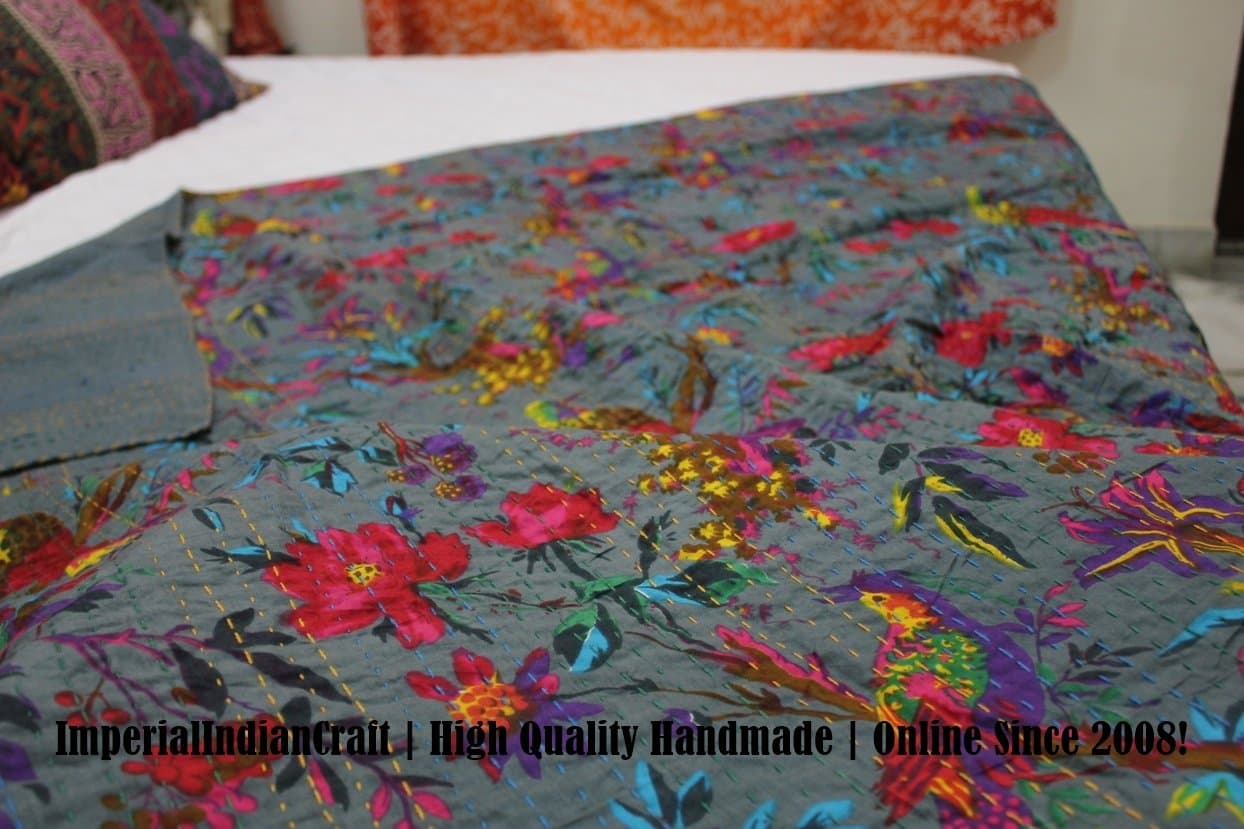 Sunita Enterprises 100% Handmade Indian Kantha Quilt Blanket Comforter - Grey Shade Flowers Bird of Paradise Print Quilt, Ethnic Bohemian, Mediterranean Bedding | Premium Quality | King Size