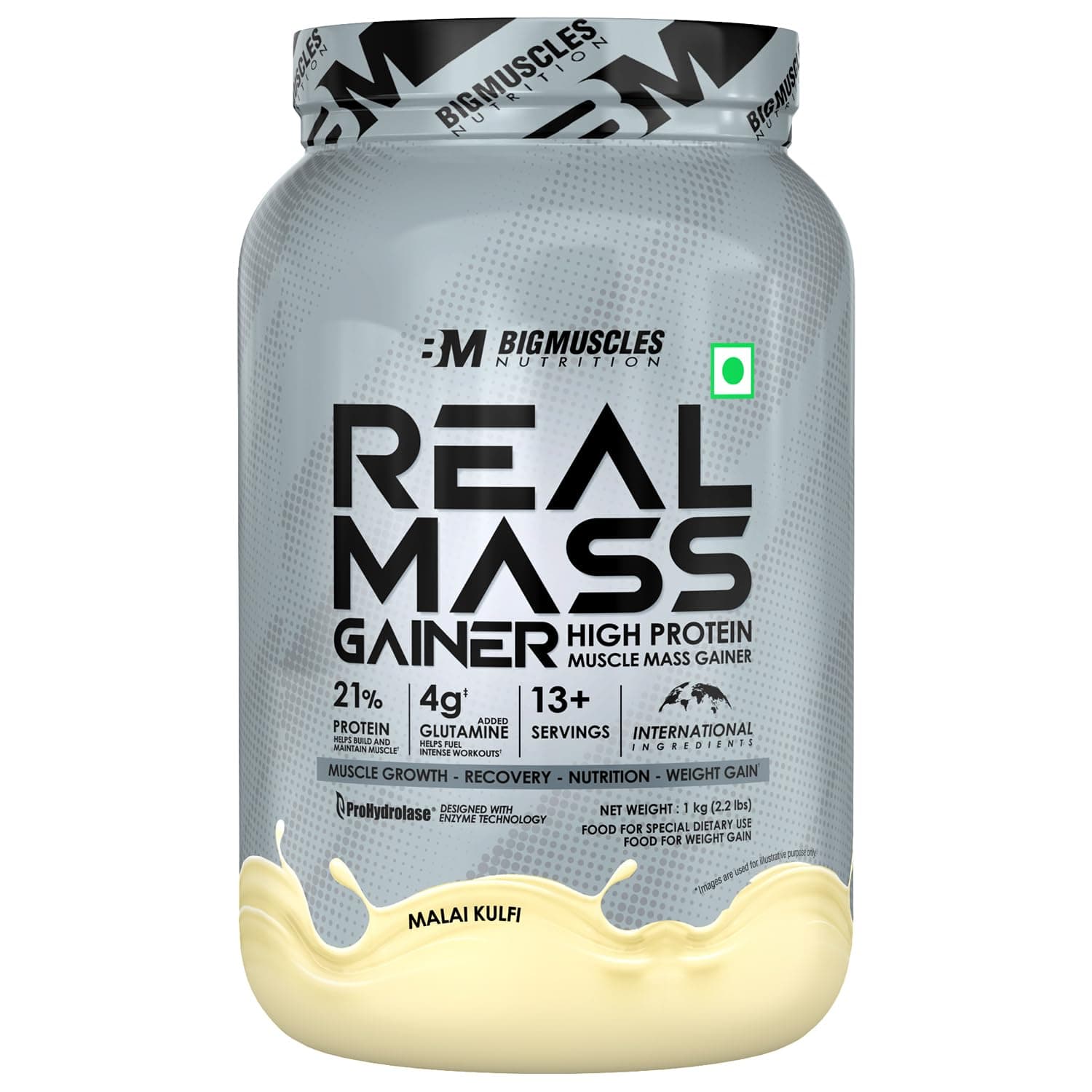 Bigmuscles Nutrition Real Mass Gainer [1Kg, Malai Kulfi] | Lean Whey Protein Muscle Mass Gainer | Complex Carbohydrates, | 1000 Calories, Powder