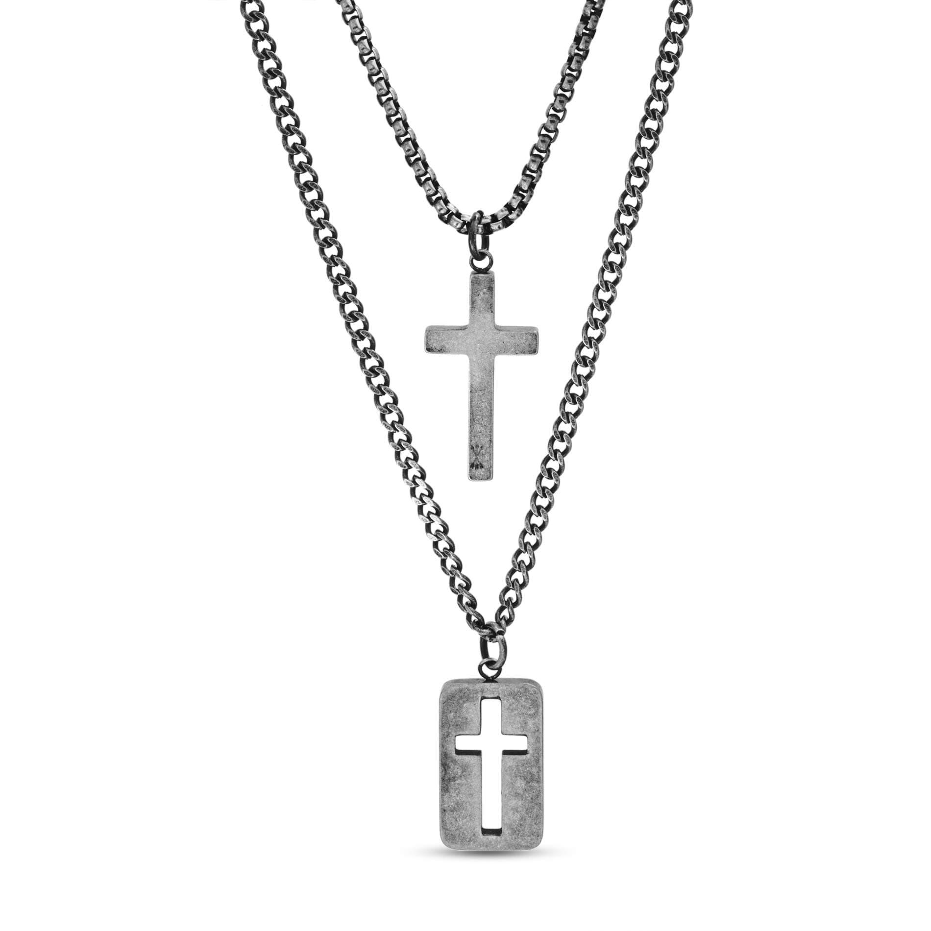 Steve Madden 28" Oxidized Stainless Steel Box and Curb Chain Cross Pendant and Dogtag Duo Necklace Set For Men