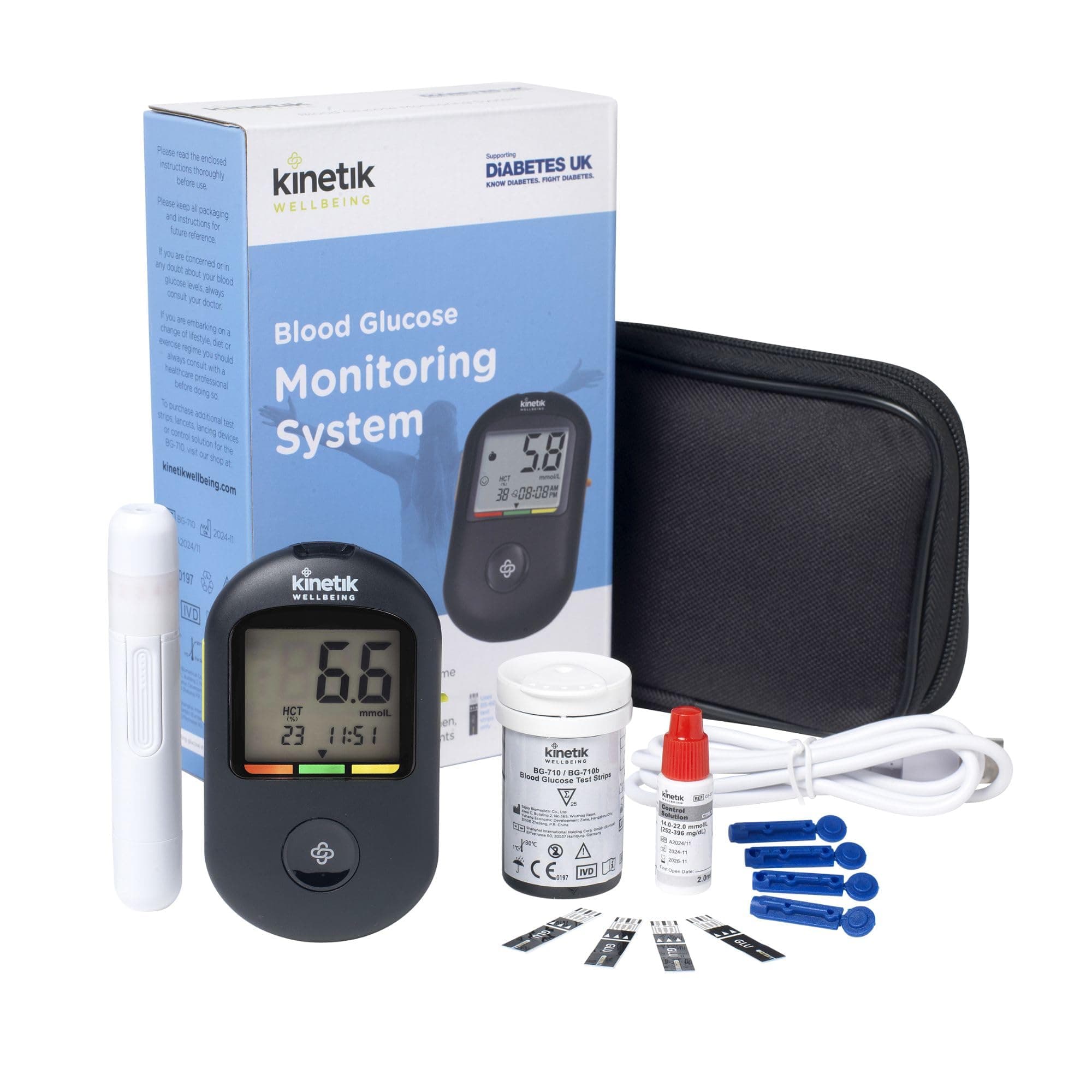 Kinetik Wellbeing Blood Sugar Monitor - Glucometer Kit for Diabetic Home Testing Used by the NHS, Blood Glucose Meter for Precise Sugar Level Monitoring, Suitable for Pregnancy, Supporting Diabetes UK