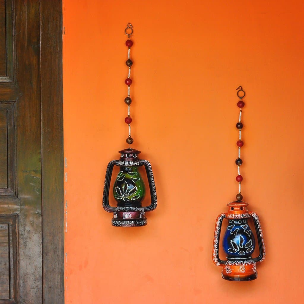 myBageecha - Decorative Terracotta Lantern (Set of 2) Handpainted Home Decor 9 Inch x 7 Inch