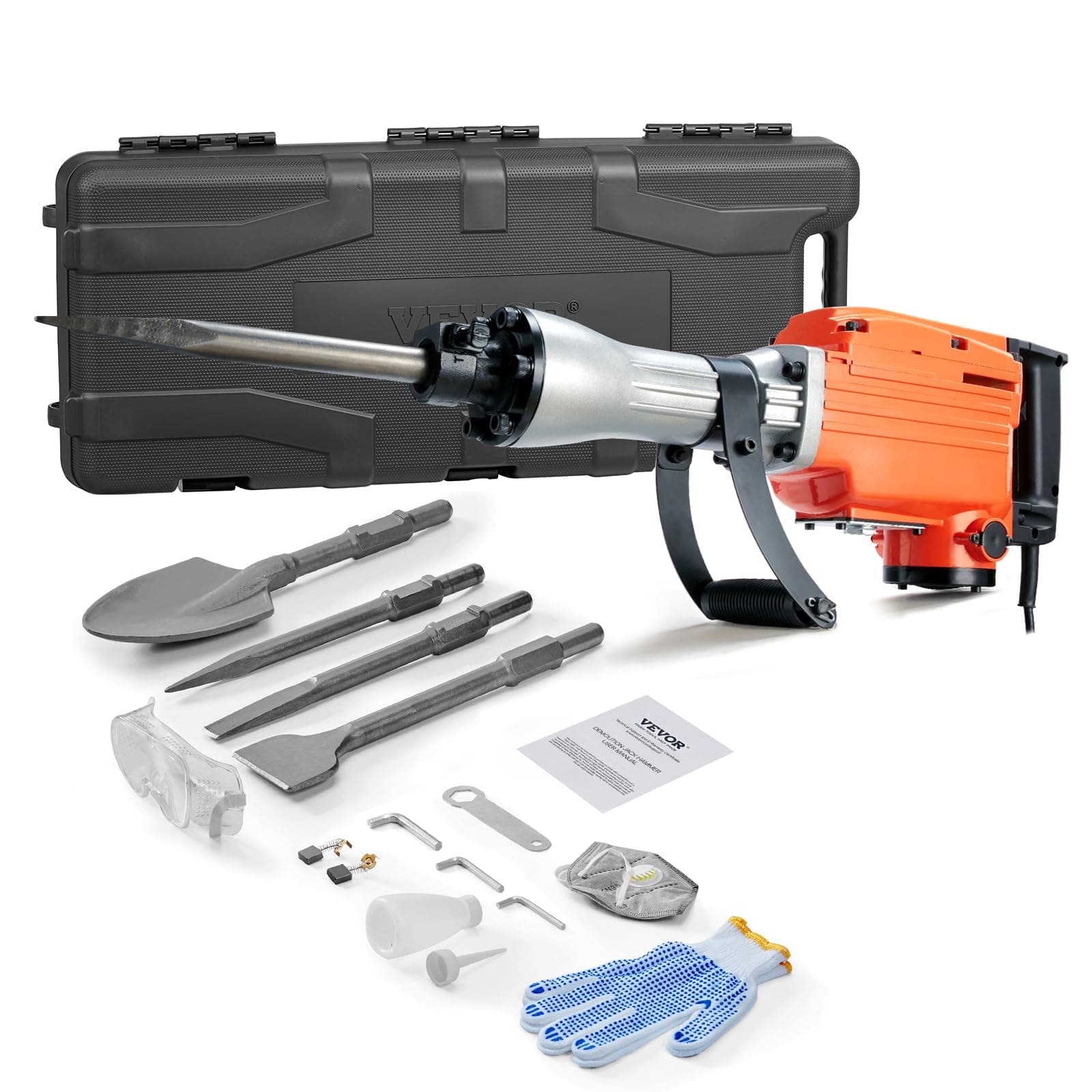 Demolition Jack Hammer, MAX 2200W Electric Jackhammer Heavy Duty, 1400 BPM Concrete Breaker 4pcs Chisels Bit Chipping W/Case, Gloves