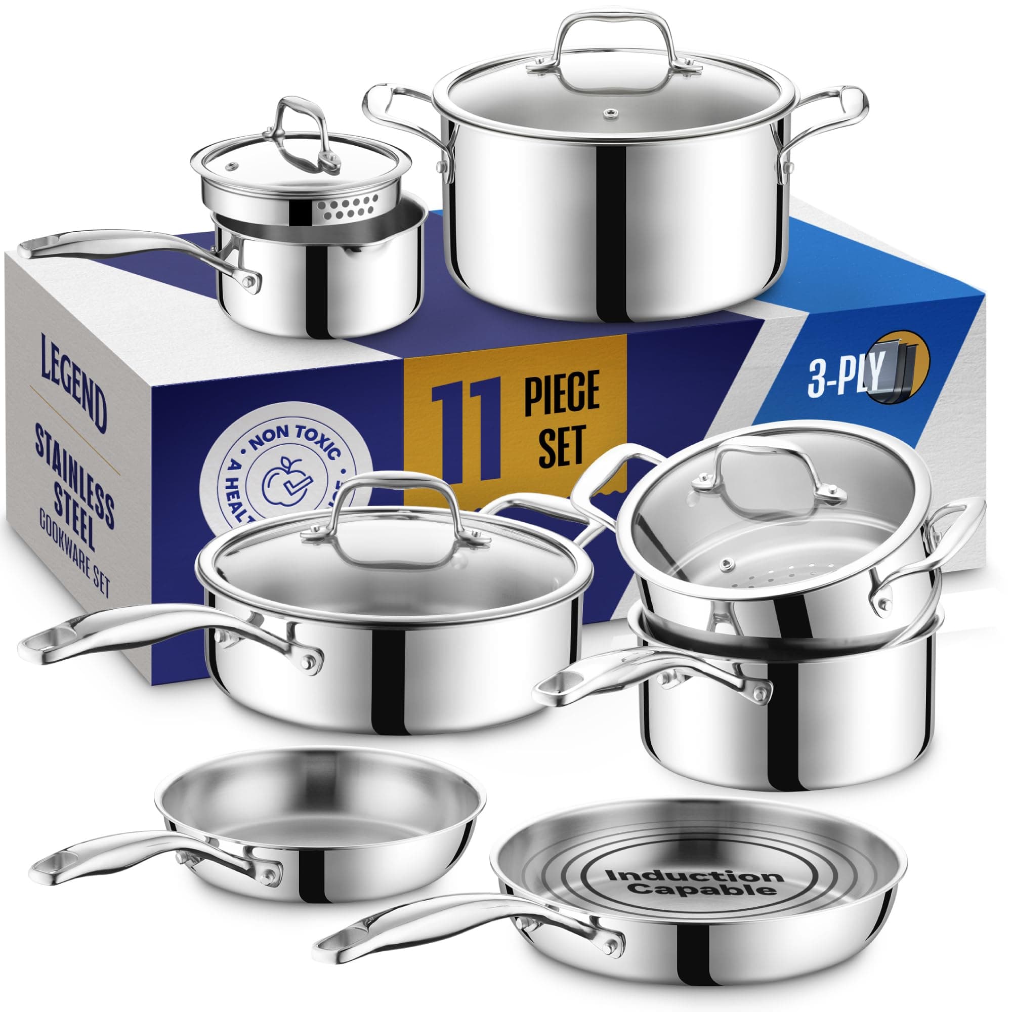 LEGEND COOKWARE3 Ply 11 pc Stainless Steel Pots & Pans Set w/Glass Lids - Professional Quality for Home Cooking & Commercial Kitchen Surface Induction & Oven Safe - Non-Teflon PFOA, PTFE & PFOS Free