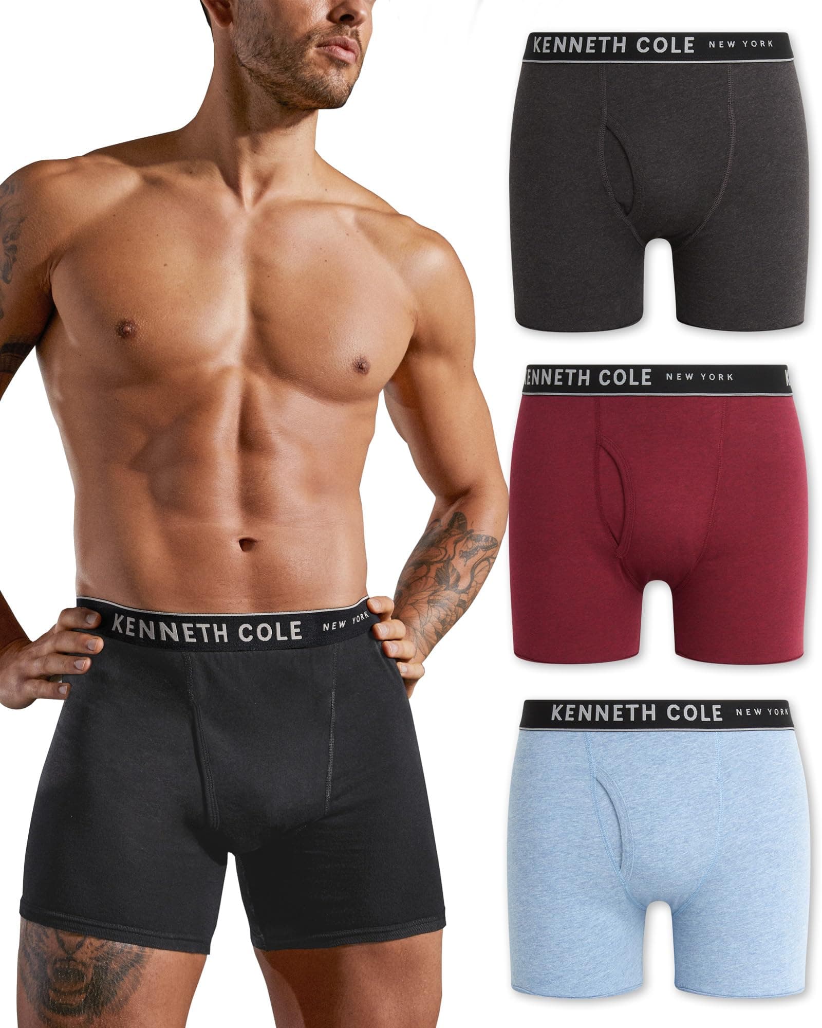 Kenneth Cole Men's Underwear - 100% Cotton Boxer Briefs with Pouch - 3 Pack Classic Multipack Boxer Briefs for Men (S-XL)