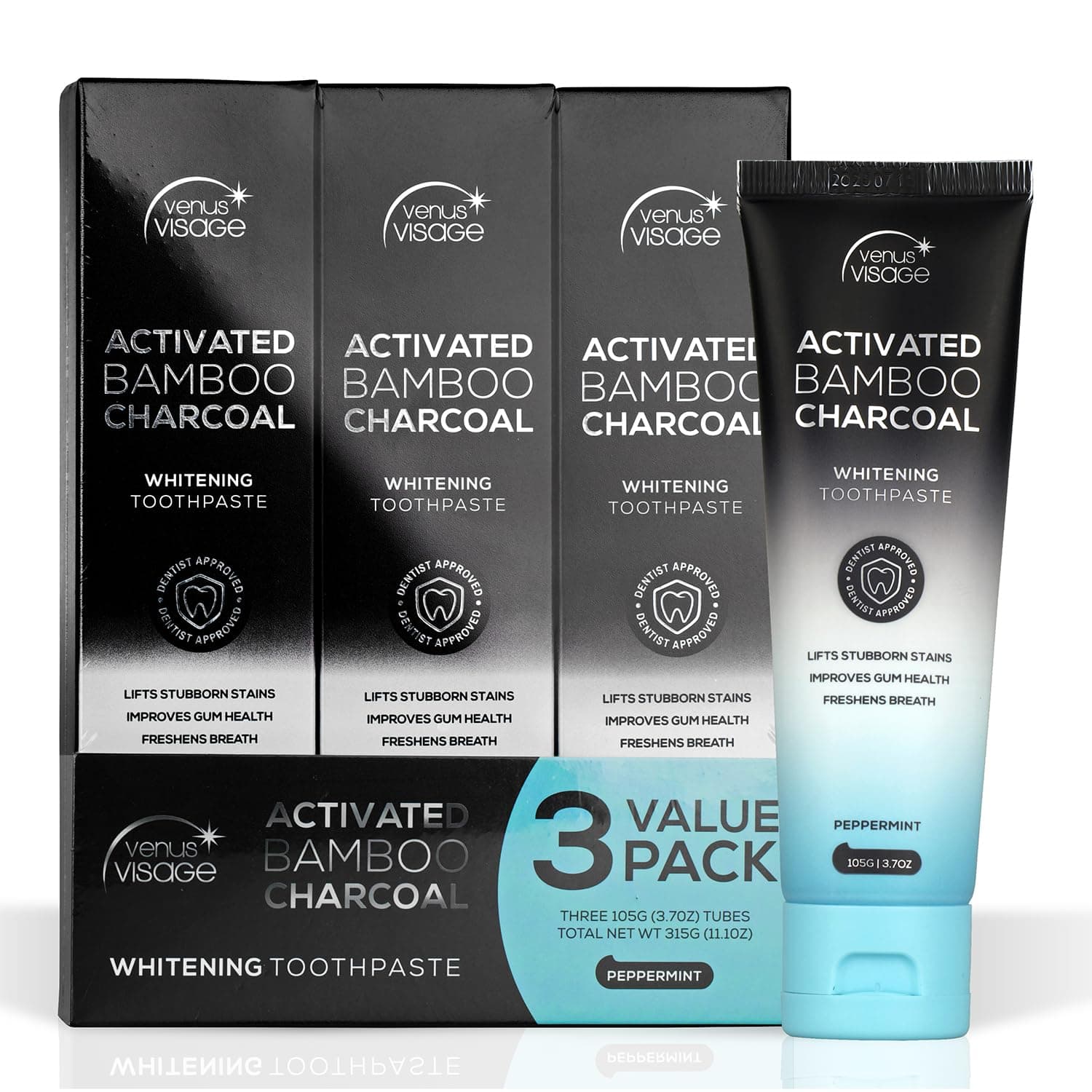 VENUS VISAGEActivated Charcoal Toothpaste for Whitening, 3 Pack - Effective Teeth Whitening Toothpaste for Surface Stains - Peppermint Flavor (3.7 oz/105 g)ClimatePartner certified