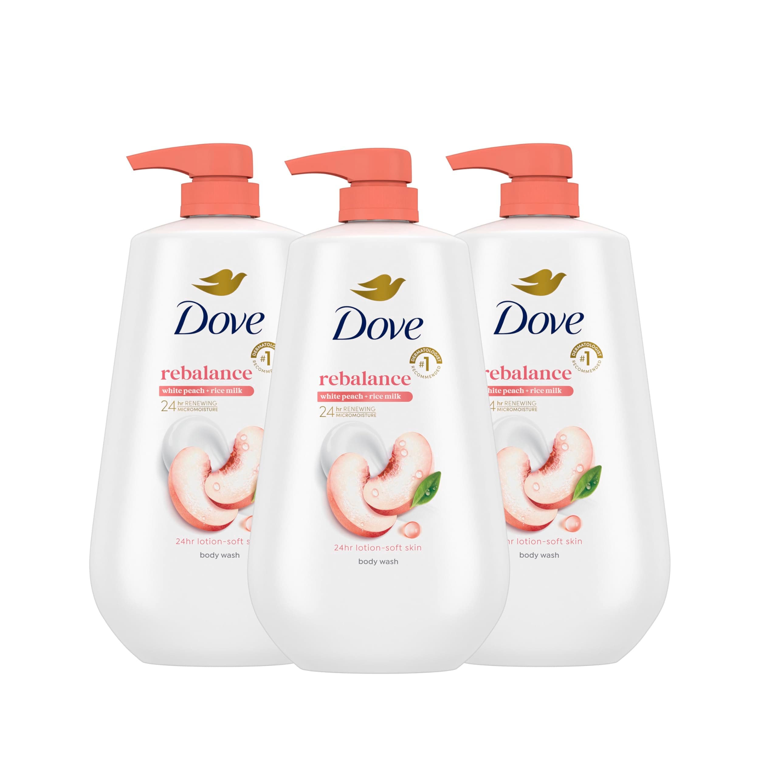 Dove Body Wash 3 Count Rebalance White Peach & Rice Milk For 24hr Lotion-Soft Skin Moisturizing Skin Cleanser with No Sulfates No Parabens