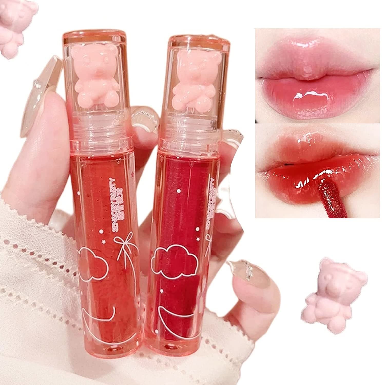 2Pcs Bear Lip Glaze Jelly Lipstick,Liquid Lipstick Cute Bear Lipgloss Moisturizing Lip Stain Plumping Water Lip Gloss Waterproof Long Lasting Cheek Rouge Tint Cosmetics Bear Beauty Makeup