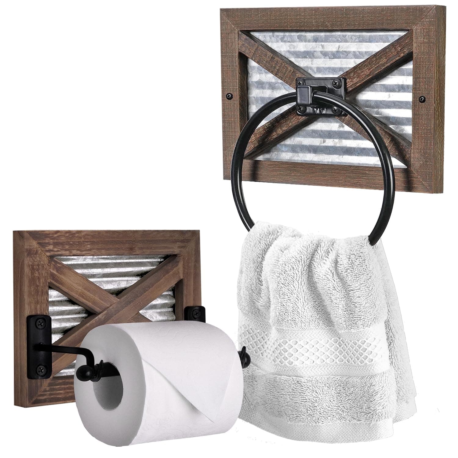 Farmhouse Toilet Paper Holder and Rustic Towel Holder Set, Wall Mount, Rustic Wall Toilet Paper Holder and Bathroom Hand Towel Holder Decor, Wooden Brown