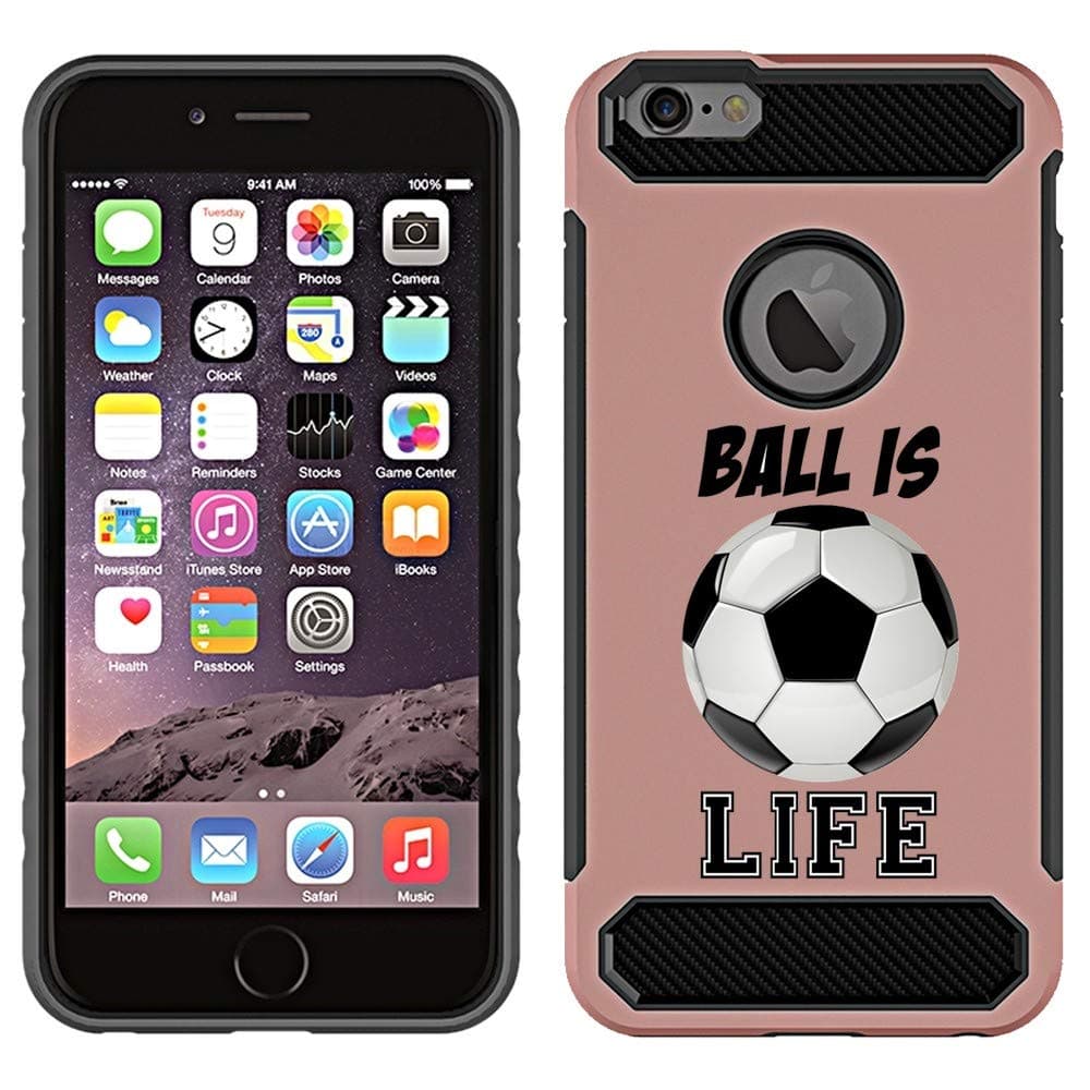 [NickyPrints] Rose Gold Hybrid Case for iPhone 6 / 6S - Soccer Ball is Life Quote Girls Teens Design Printed with Embossed Effect - Unique Dual Layer Full Protection Shockproof Case/Cover