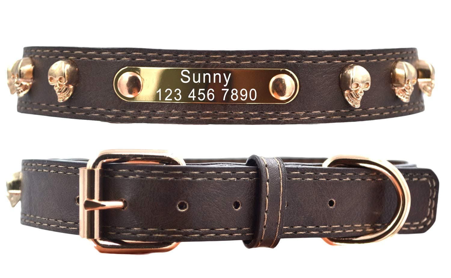 Premium Personalized Custom Leather Dog Collar with Skull Engraved Nameplate ID Tags/Soft Touch Heavy Duty Genuine Leather/Adjustable Perfect for Male Female X-small Small Medium Large Dogs-XS