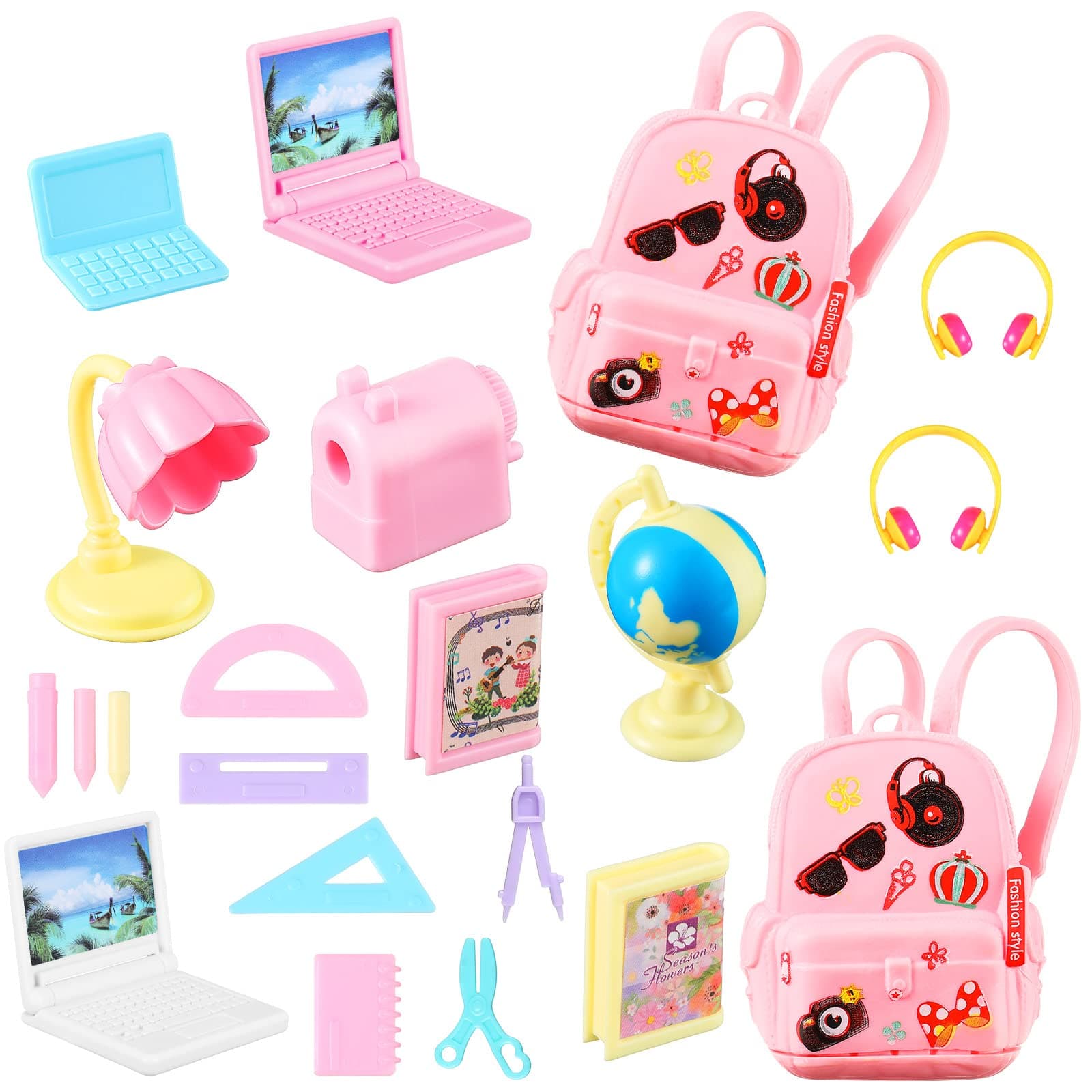 21 Pieces Doll School Stuff Mini School Supplies Doll School Accessories School Playset for Dolls Mini Pink Doll Backpack Desk Lamp Laptop and Headset for 11.5 Inch Doll