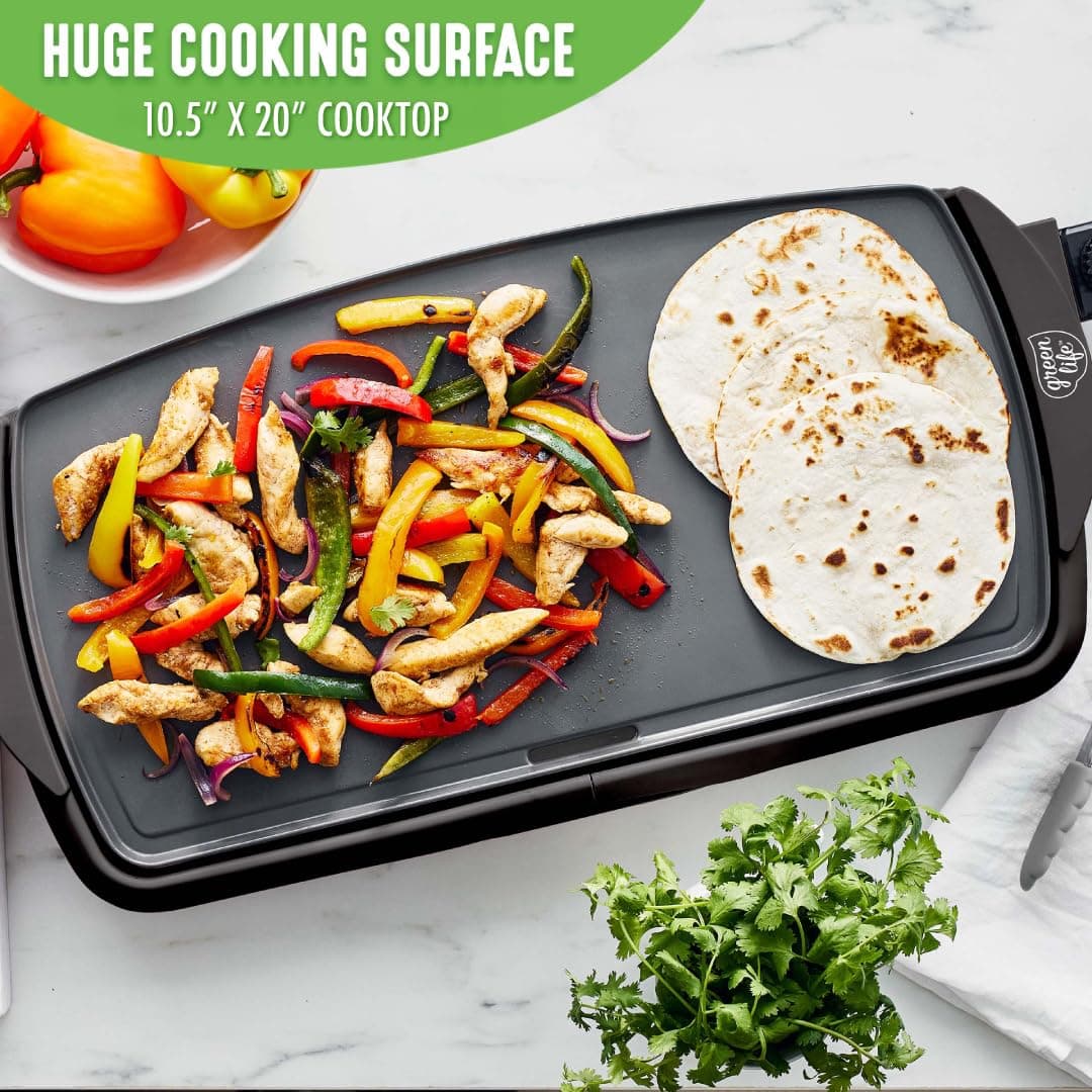 GreenLife 20” Extra Large Electric Griddle, Non-Toxic PFAS & PFOA-Free Ceramic Nonstick, Temperature Control, Quick Even Heating, Removable Drip Tray, Pancakes, Eggs, Sausage, Easy Clean, Black