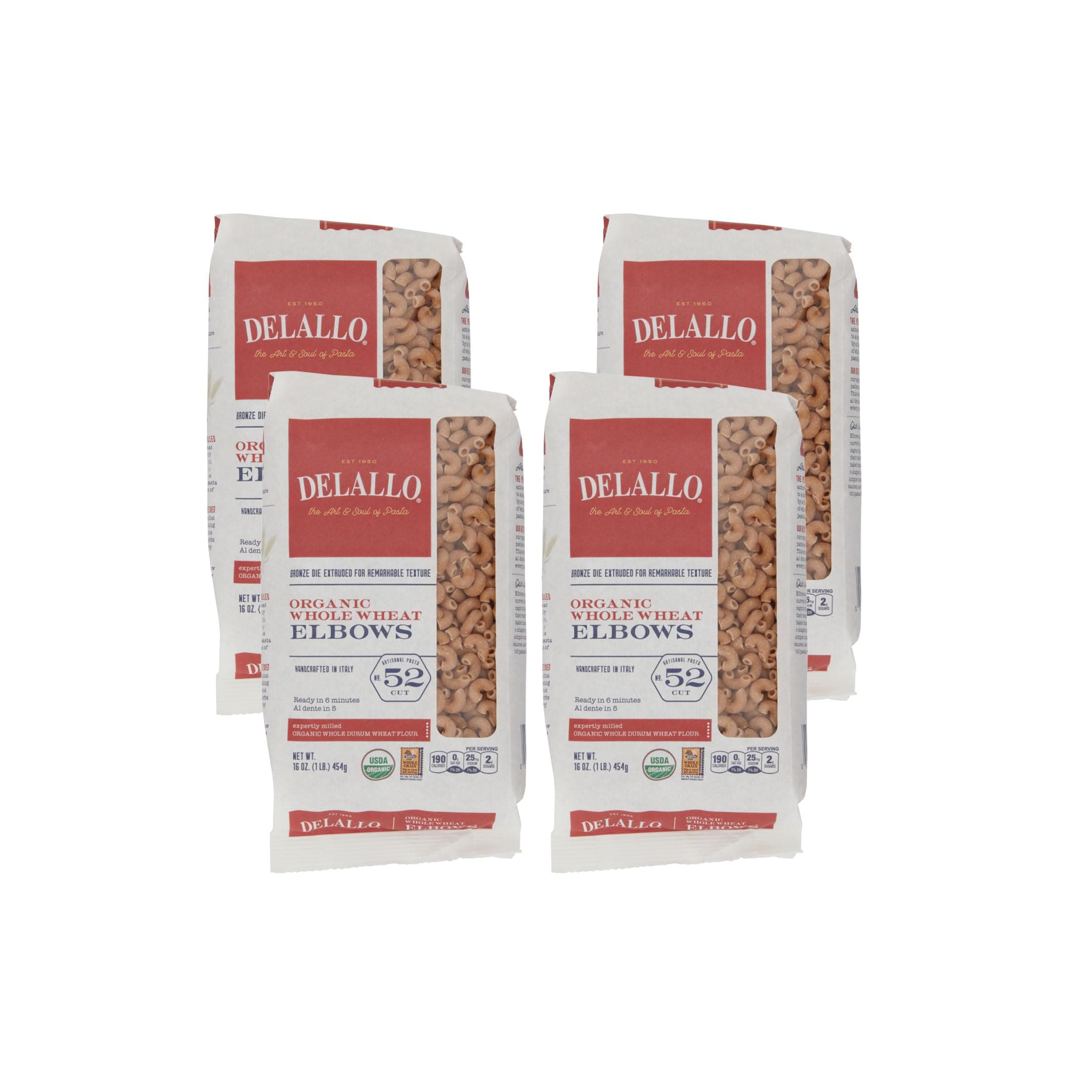 DeLallo Whole Wheat Elbow Macaroni Pasta, 1 Pound Bag, 4 Pack, 100% Organic, Made in Italy, High Protein