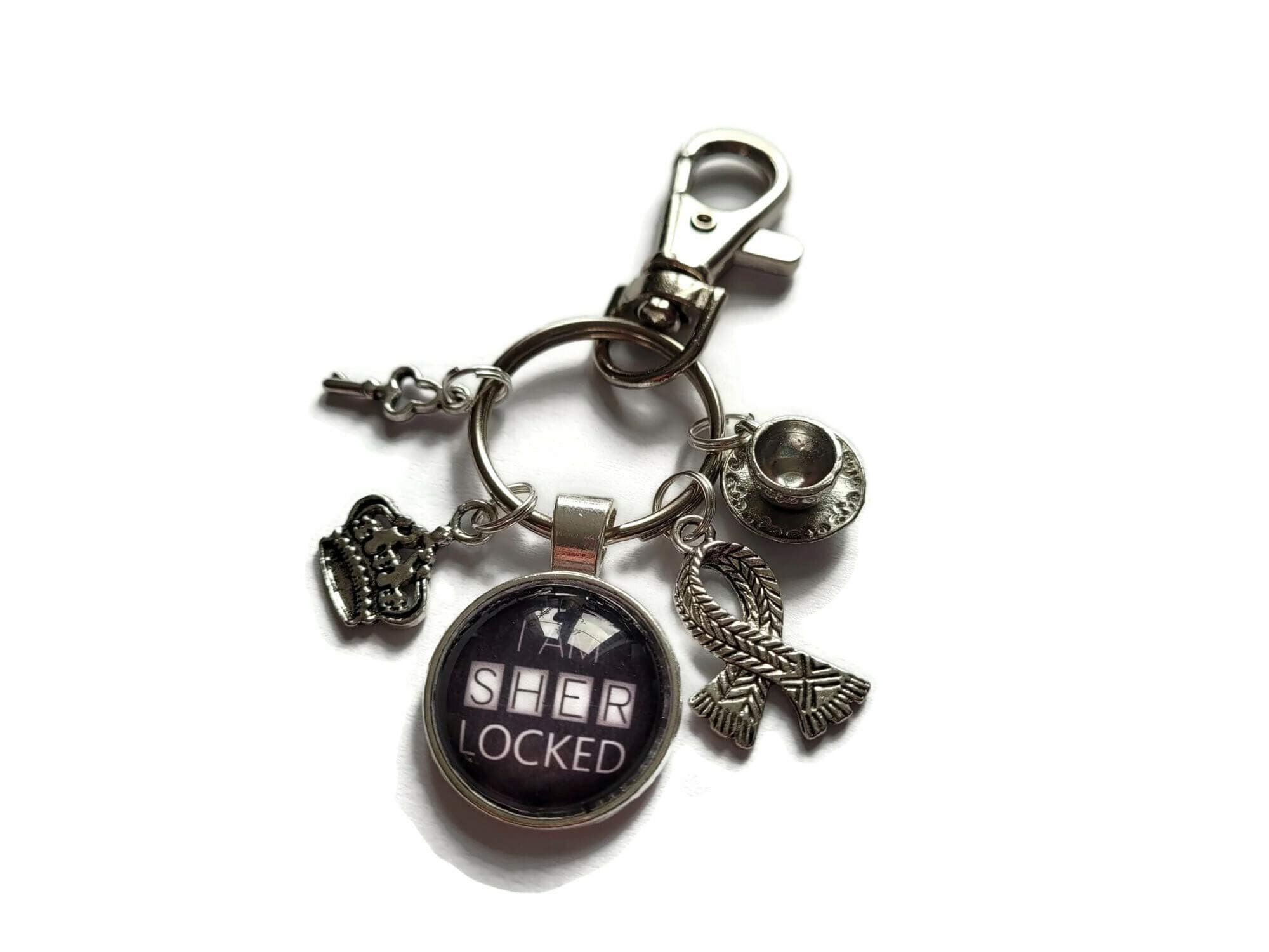 I am SHERLOCKED 25mm handmade glass cabochon HOLMES themed keyring gift, Sherlock book detective crime novelty birthday Xmas present