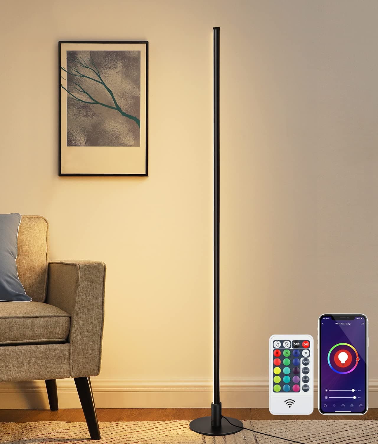 EDISHINE RGBW LED Corner Floor Lamp with Smart App & Remote Control, Dimmable Light Compatible with Alexa, Google Home, Minimalist Stick Tall Lamp for Living Room, Bedroom, (Black)